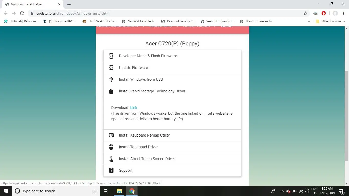 Use o assistente de instalação do Windows para Chromebook para encontrar os drivers recomendados para seu modelo de Chromebook.