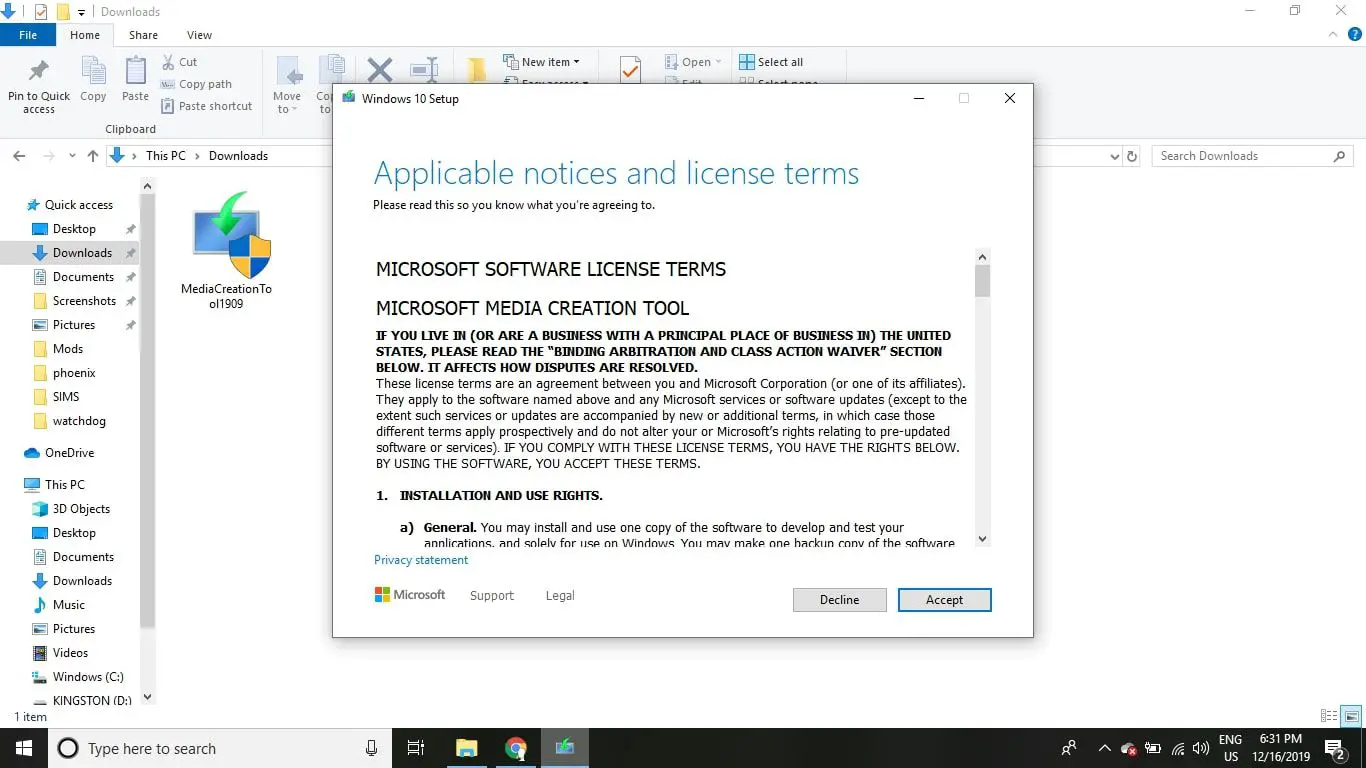 Abra a ferramenta de instalação do Windows 10 e selecione Aceitar.