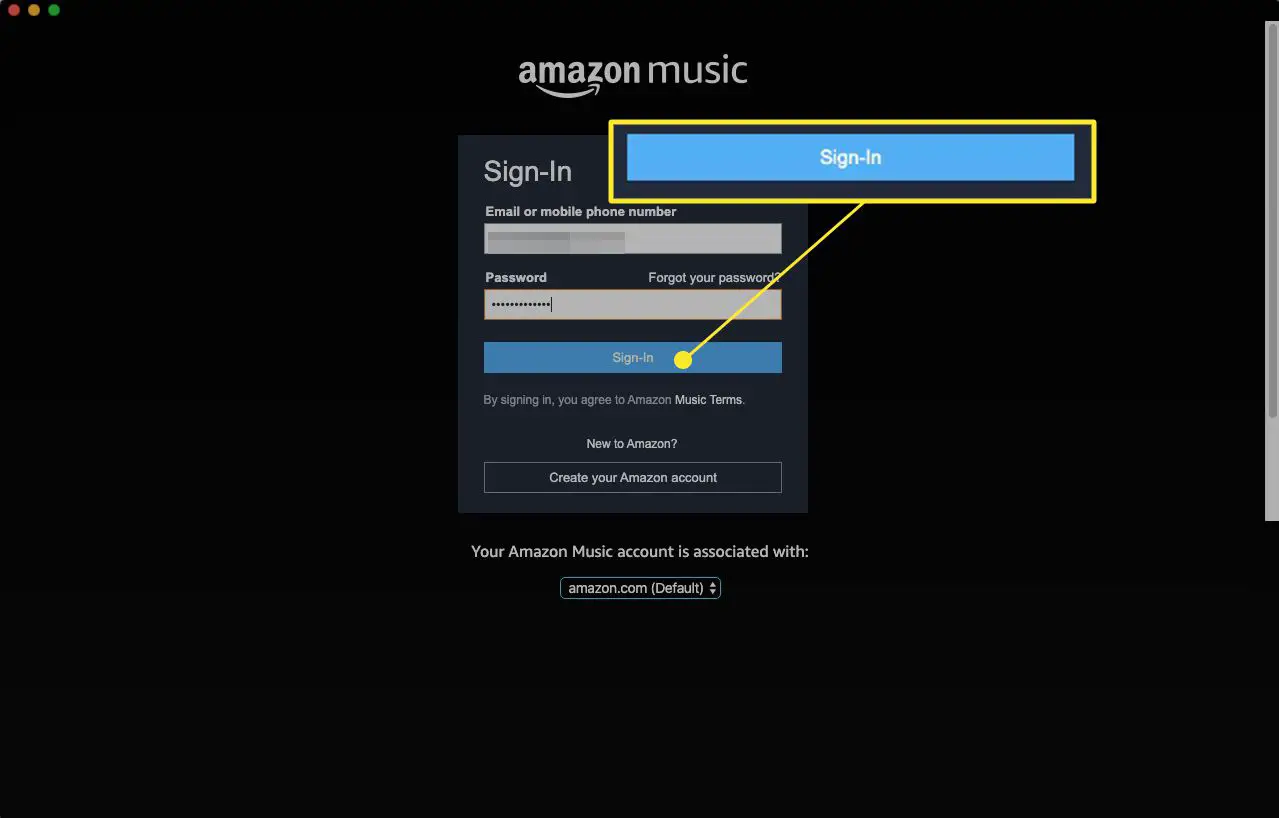 Tela de login do aplicativo da web de música da Amazon com "Login" realçado