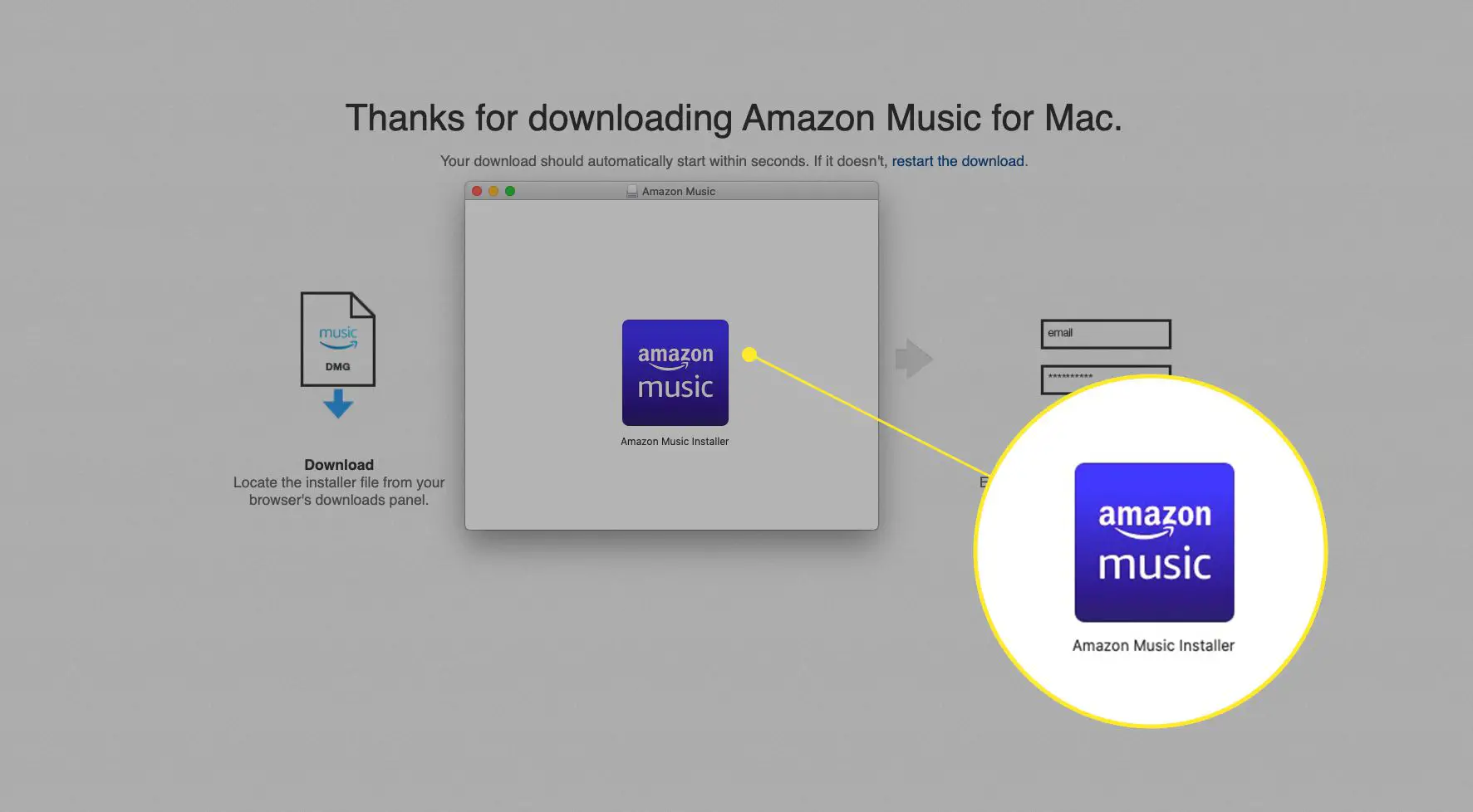 Instalador do aplicativo da web Amazon Music com o arquivo de instalação destacado
