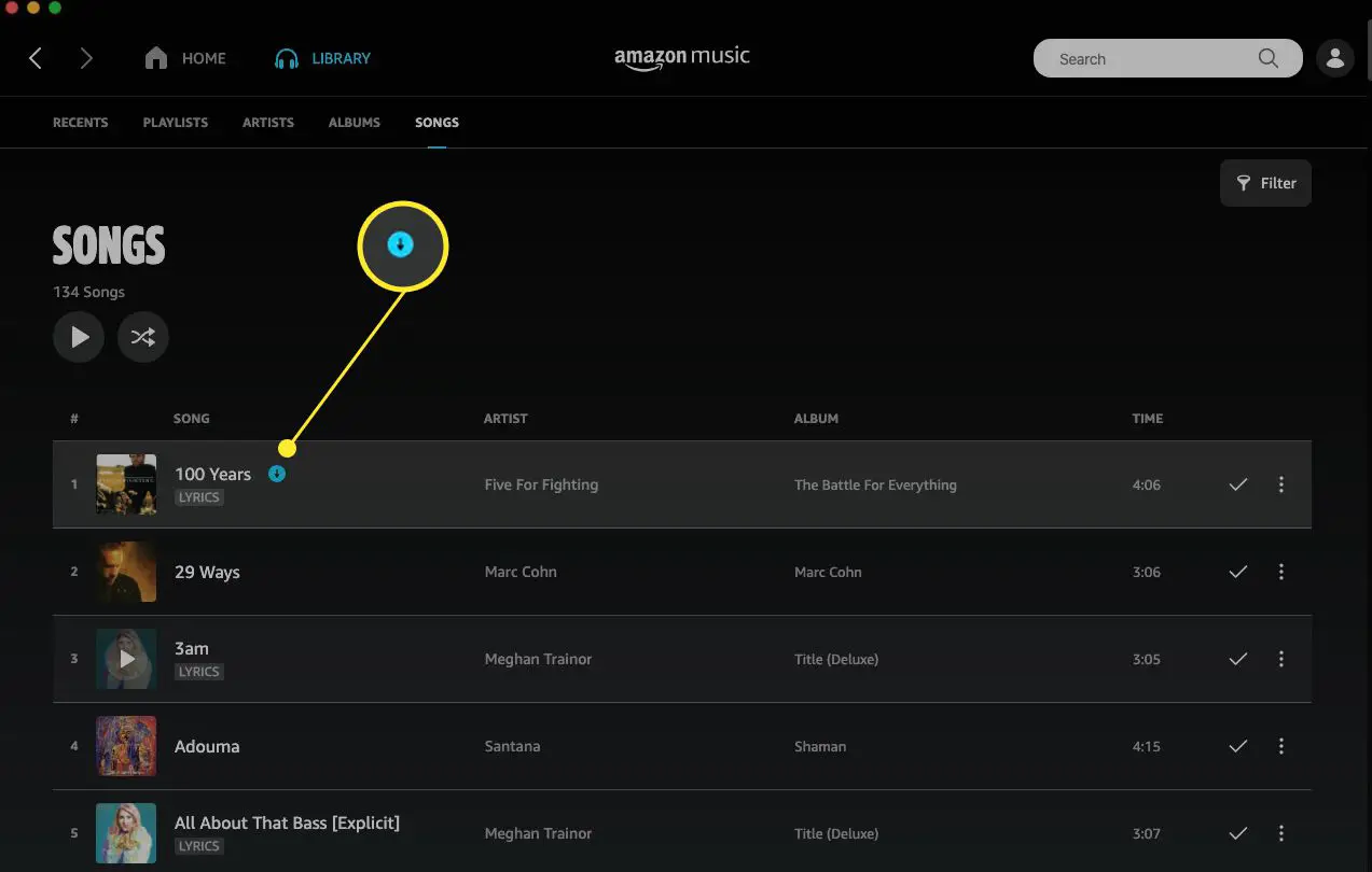Música Amazon Music com a pequena seta azul indicadora de download destacada