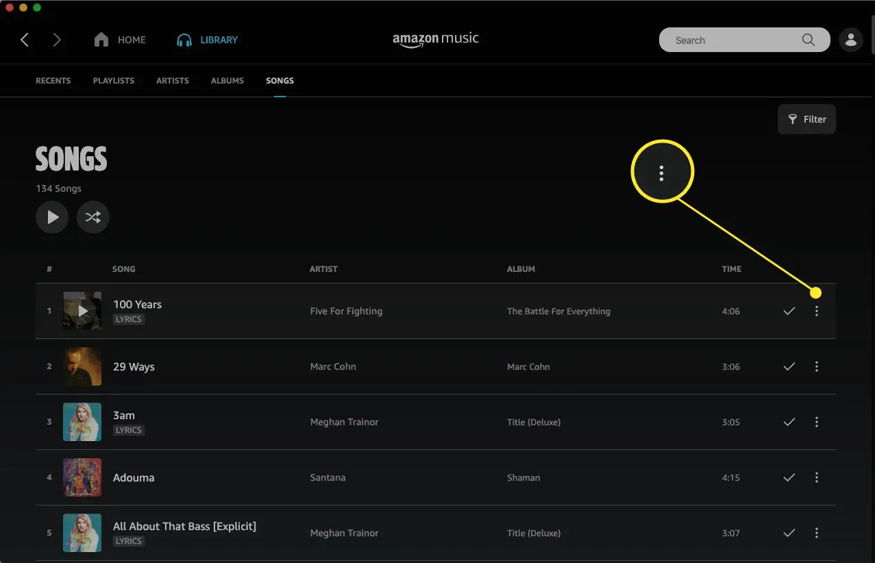 Aplicativo da web Amazon Music com mais opções (três pontos) destacado