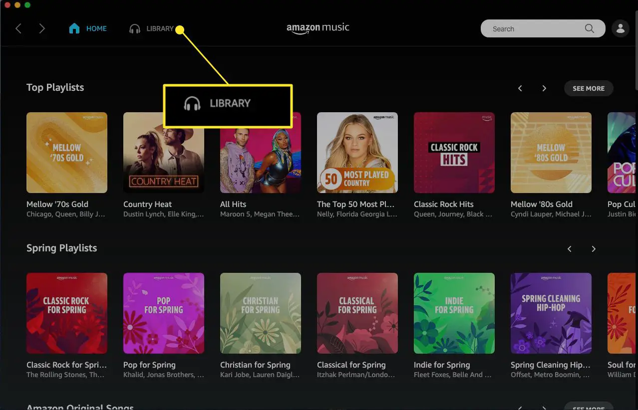 Aplicativo da web Amazon Music com Biblioteca em destaque