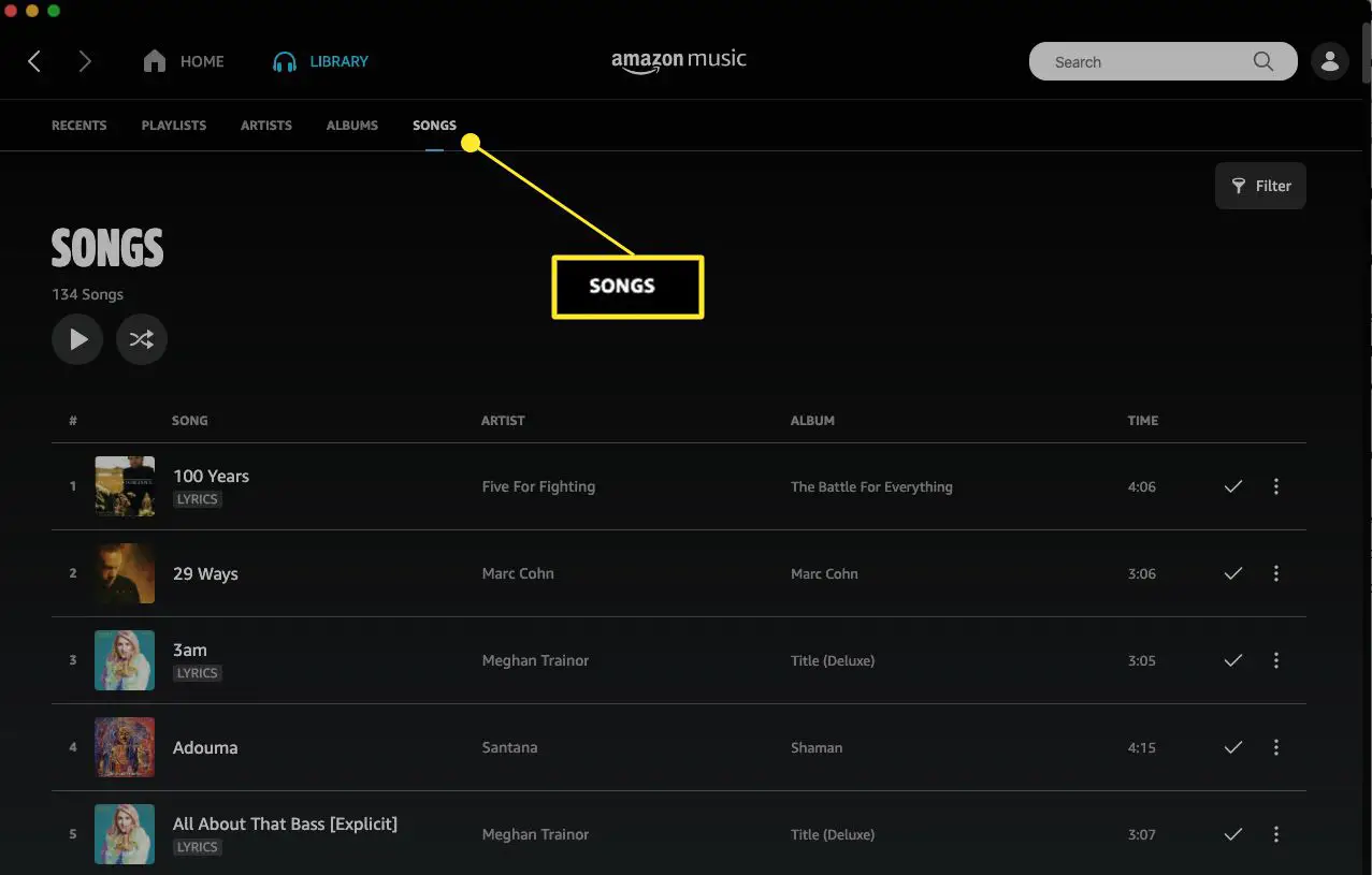 Aplicativo da web Amazon Music com a guia Músicas destacada