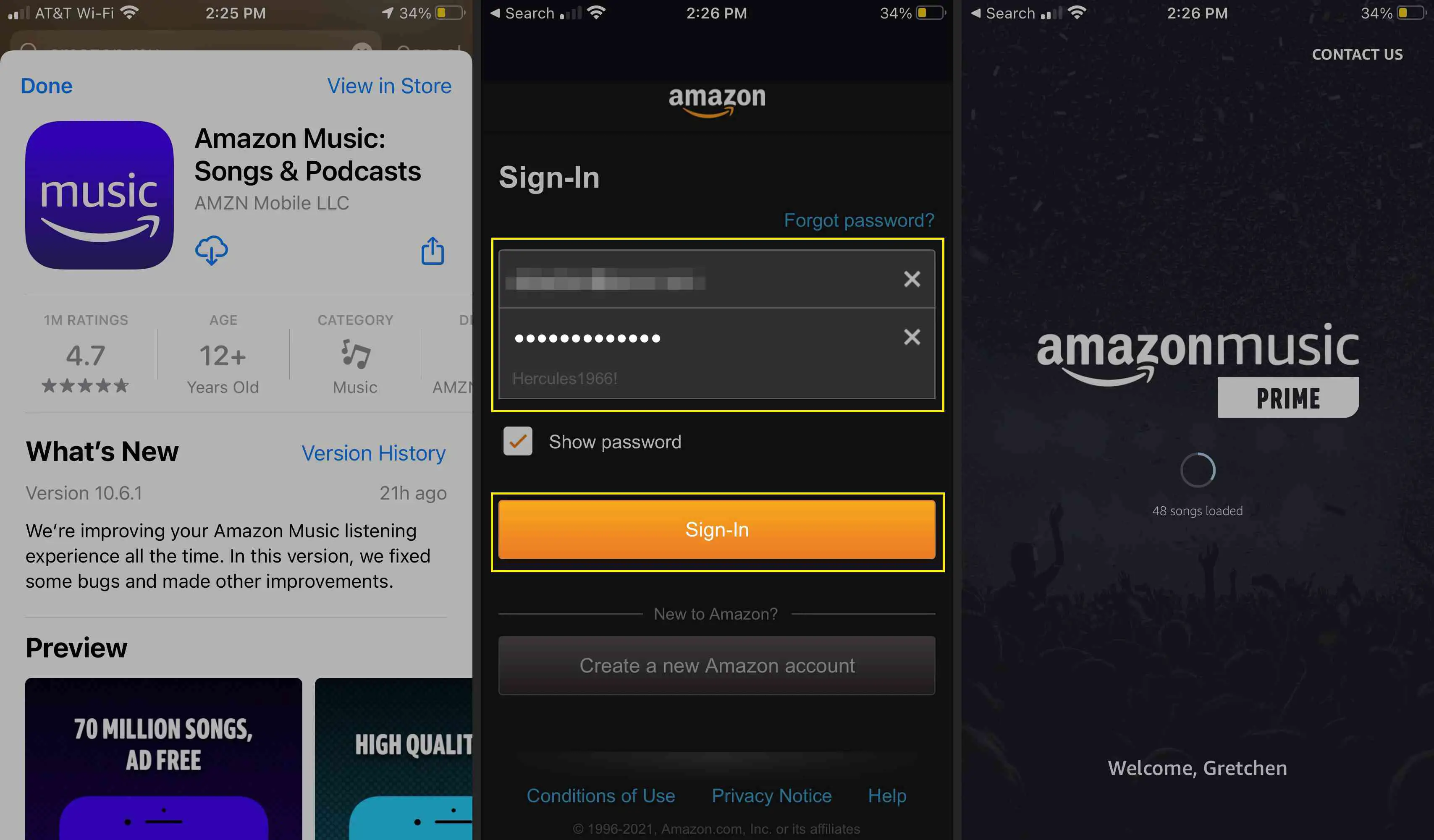 Aplicativo Amazon Music na app store, juntamente com sua tela de login e a página de abertura do Amazon Music Prime