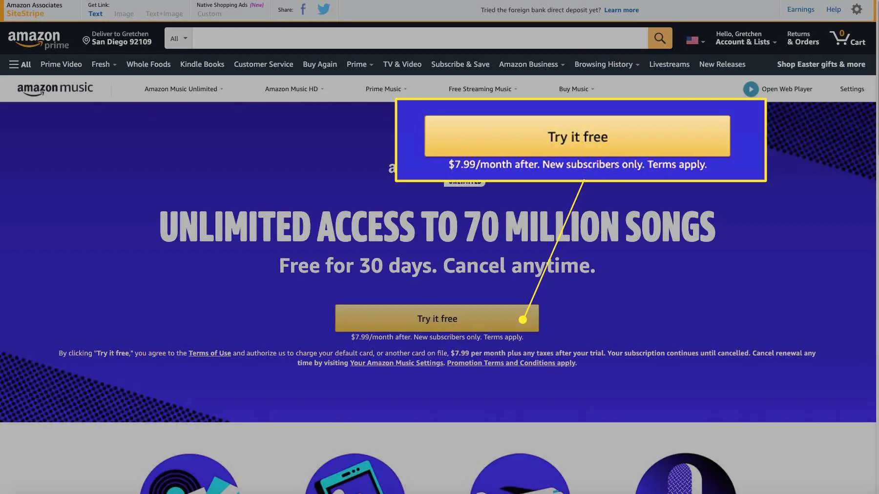 Site da Amazon Music Unlimited com "Experimente gratuitamente" destacado