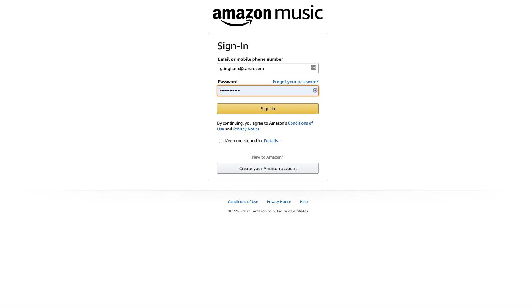 Página de login da conta Amazon