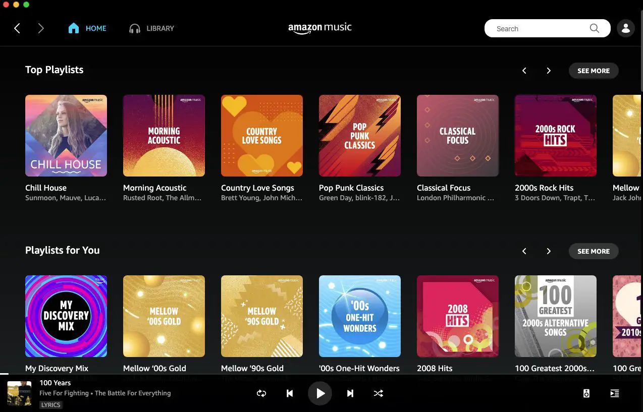 Amazon Music Unlimited conforme visto no aplicativo da web.