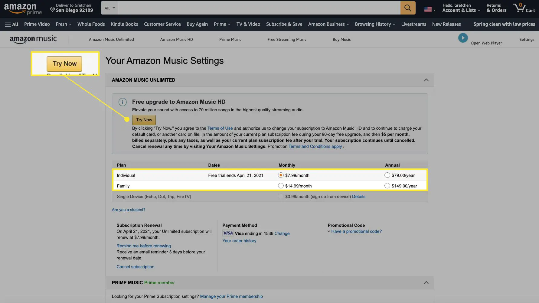 Configurações do Amazon Music com planos e "experimente agora" em destaque