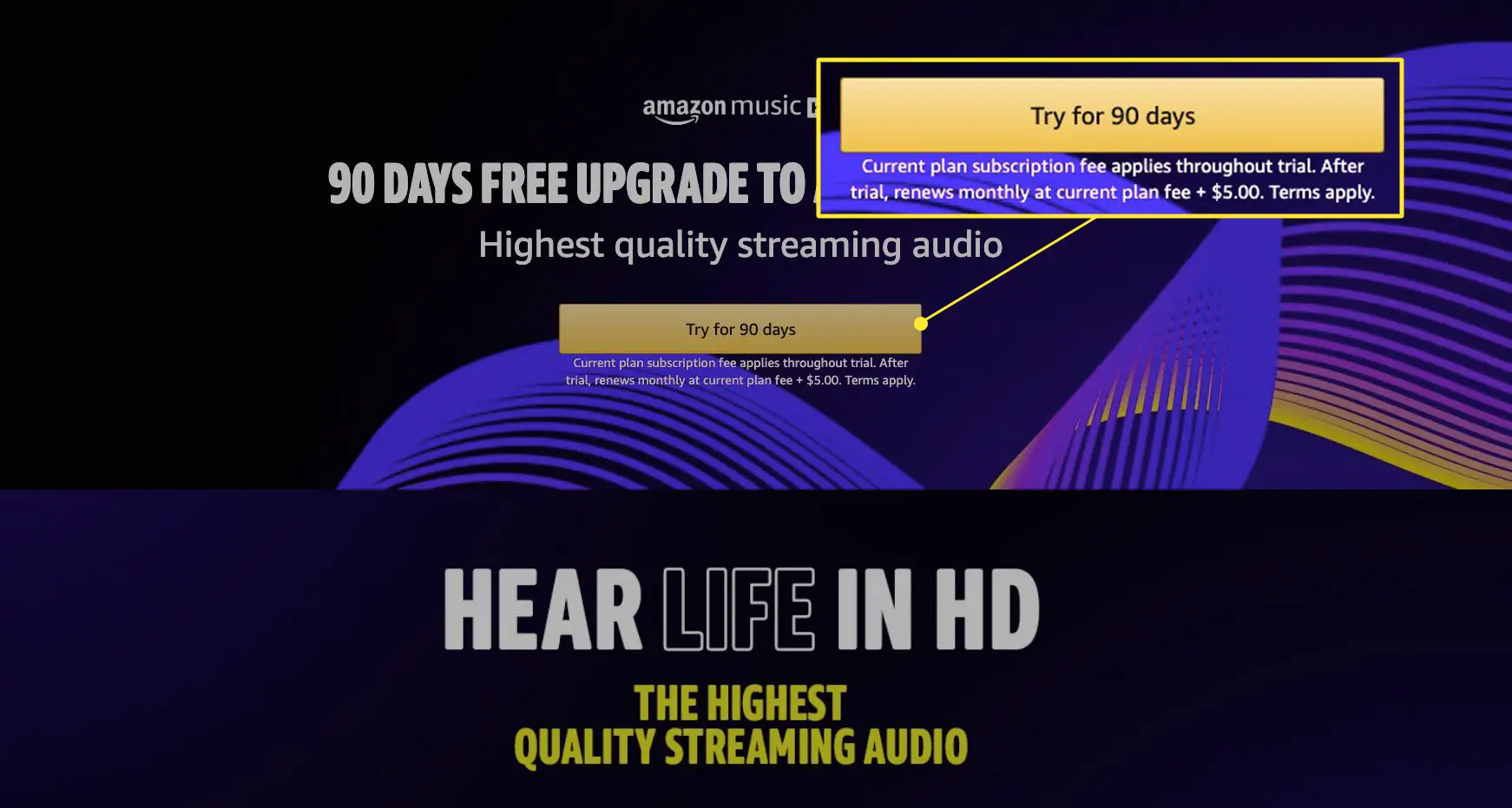 Página Amazon Music HD com "Experimente por 90 dias" destacado