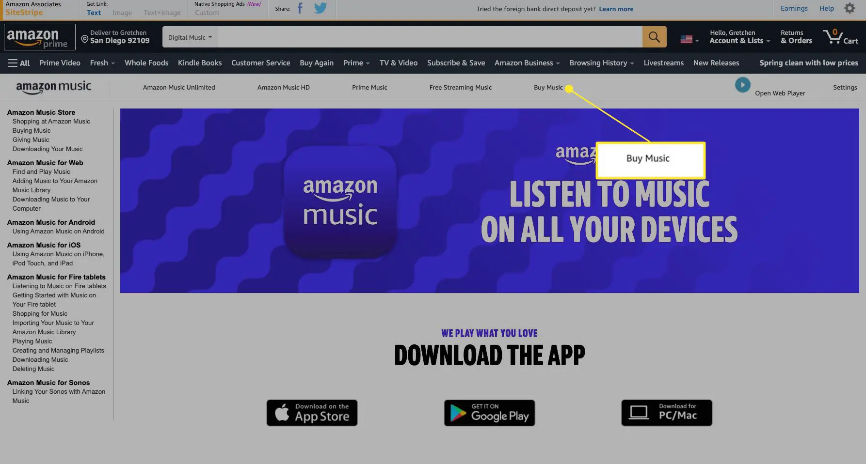 Página da web Amazon Music com Buy Music destacado
