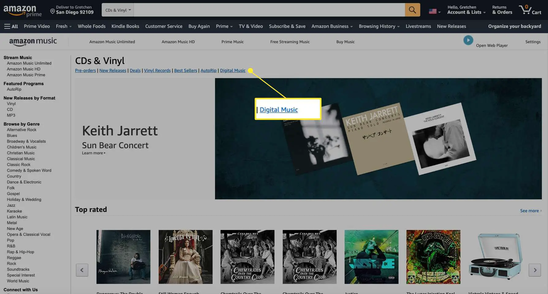 Site da Amazon Music com música digital em destaque