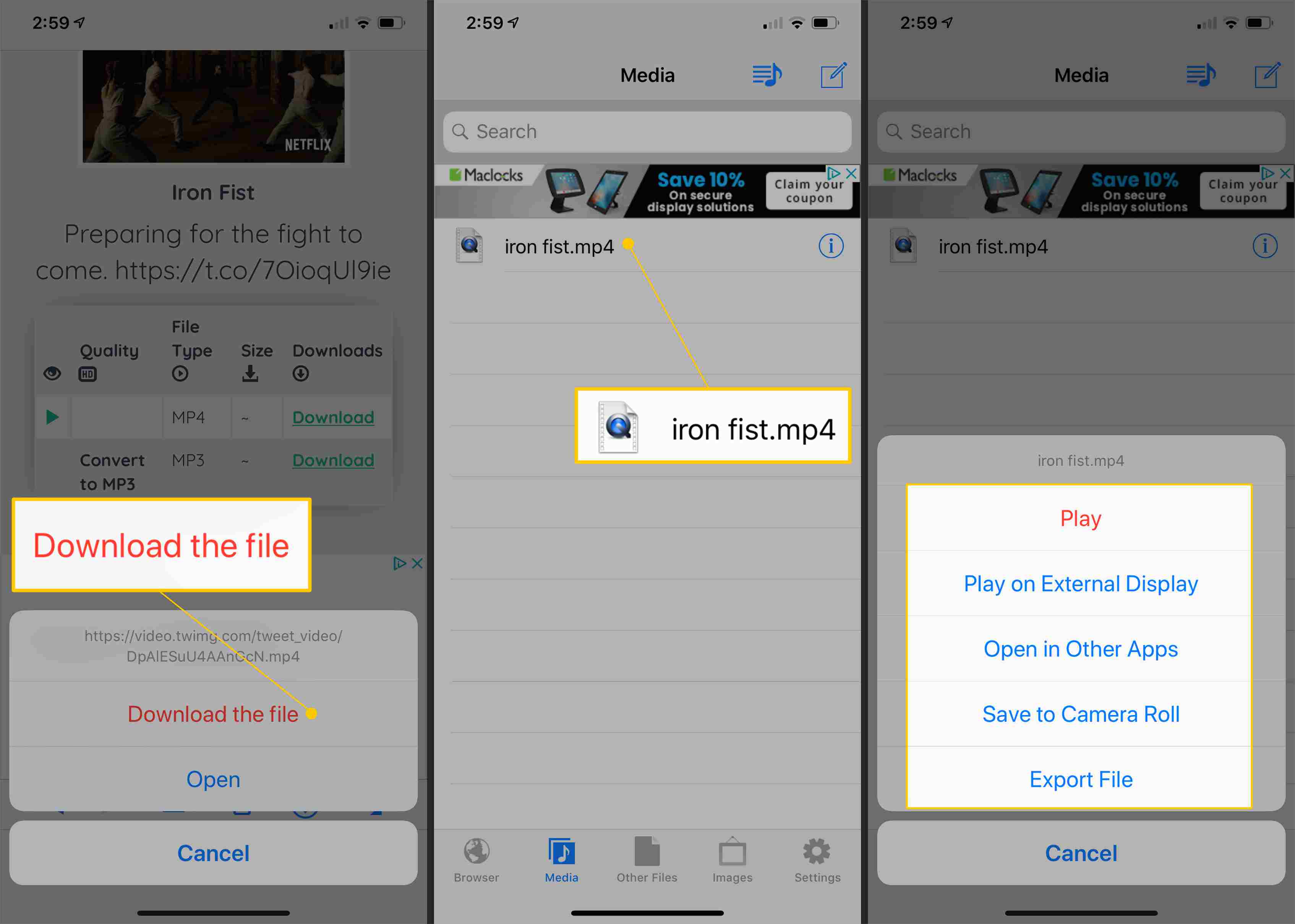 Baixe o arquivo, arquivo MP4, opções de reprodução no iOS