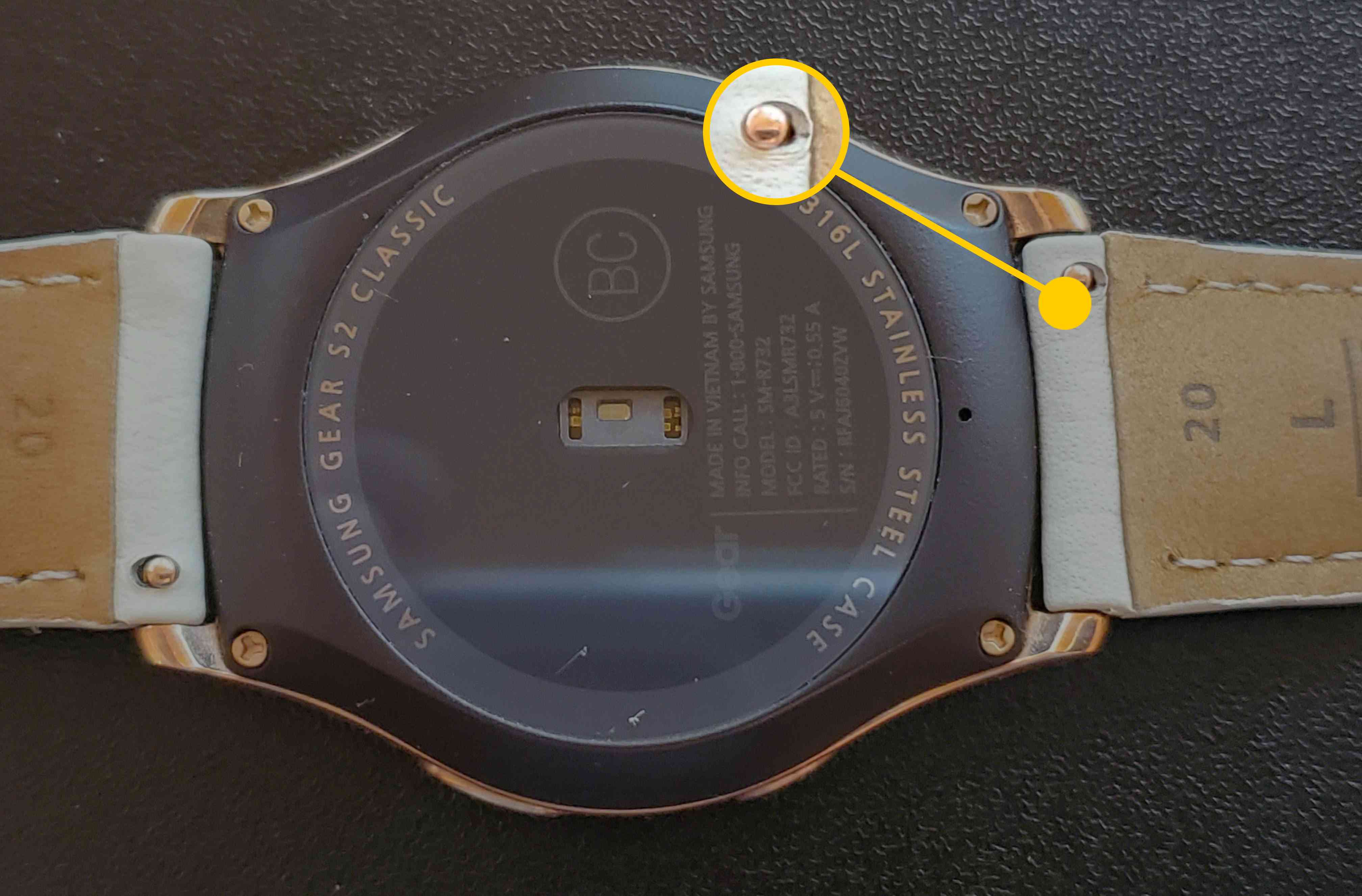 O mecanismo de pino em um Samsung Gear S2 Classic.