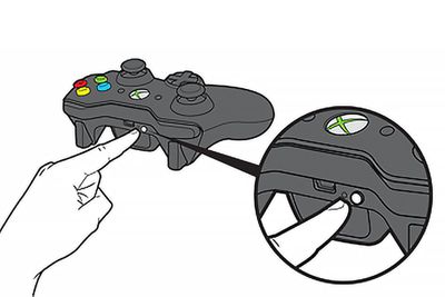 dedo apontando para o botão de sincronização em um controle do Xbox 360