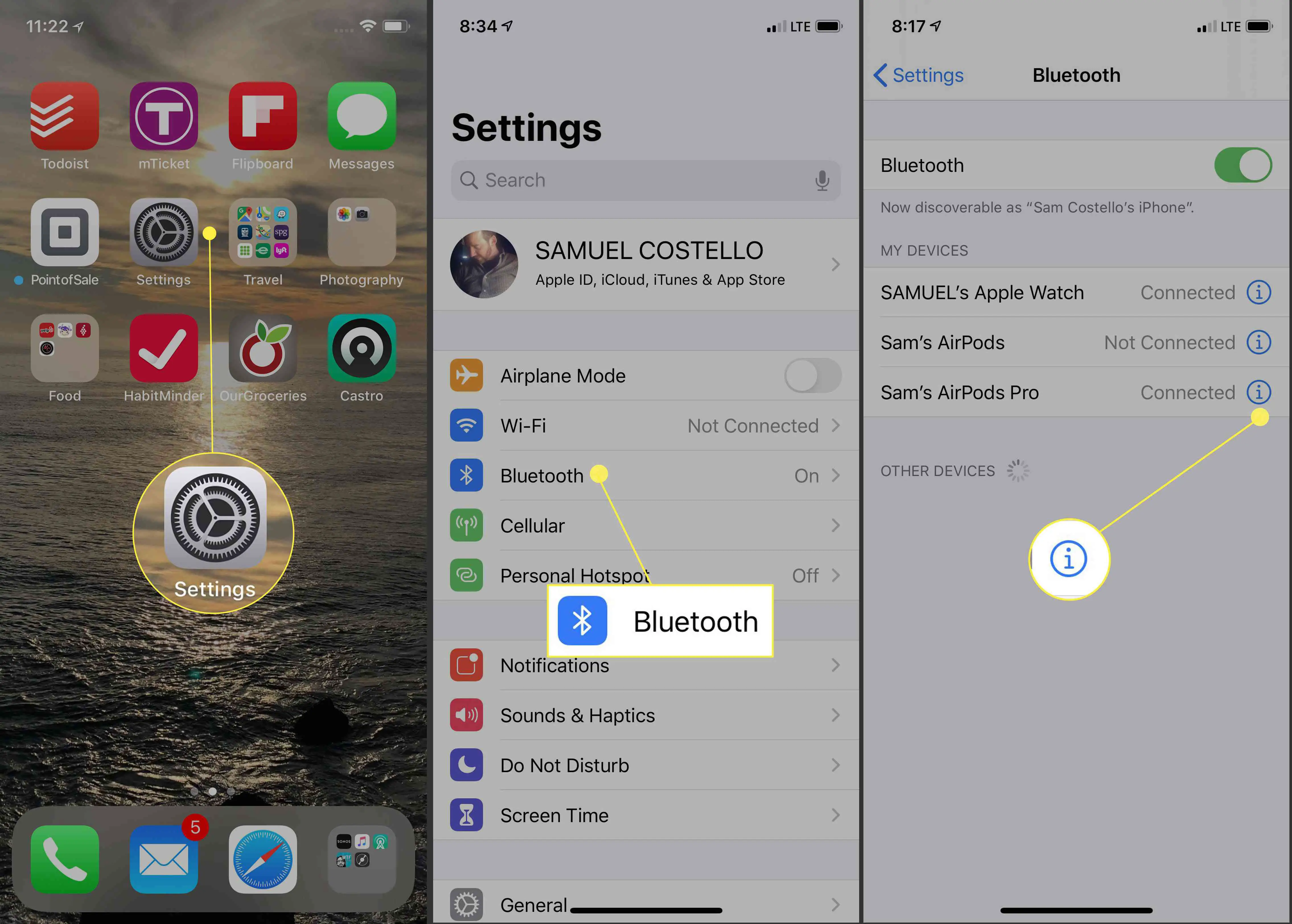Tela de configurações de Bluetooth do iOS