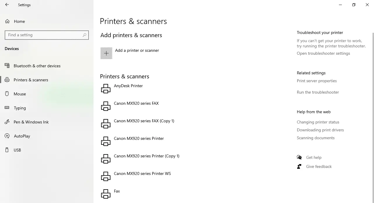 Captura de tela da opção de adicionar impressora ou scanner nas configurações do Windows 10