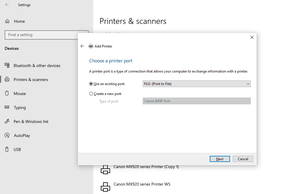 Captura de tela das opções de porta da impressora no Windows 10