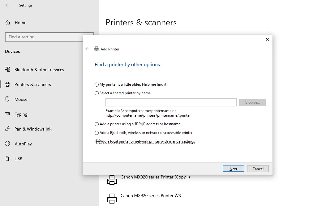 Captura de tela da caixa de diálogo para adicionar impressora no Windows 10