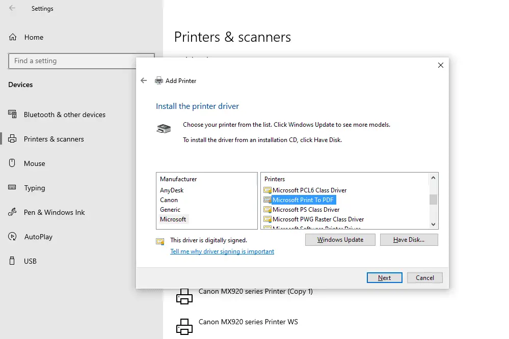 Captura de tela da opção imprimir em pdf ao instalar impressoras no Windows 10