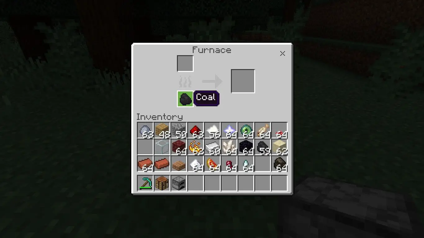 Menu de carvão na fornalha no Minecraft