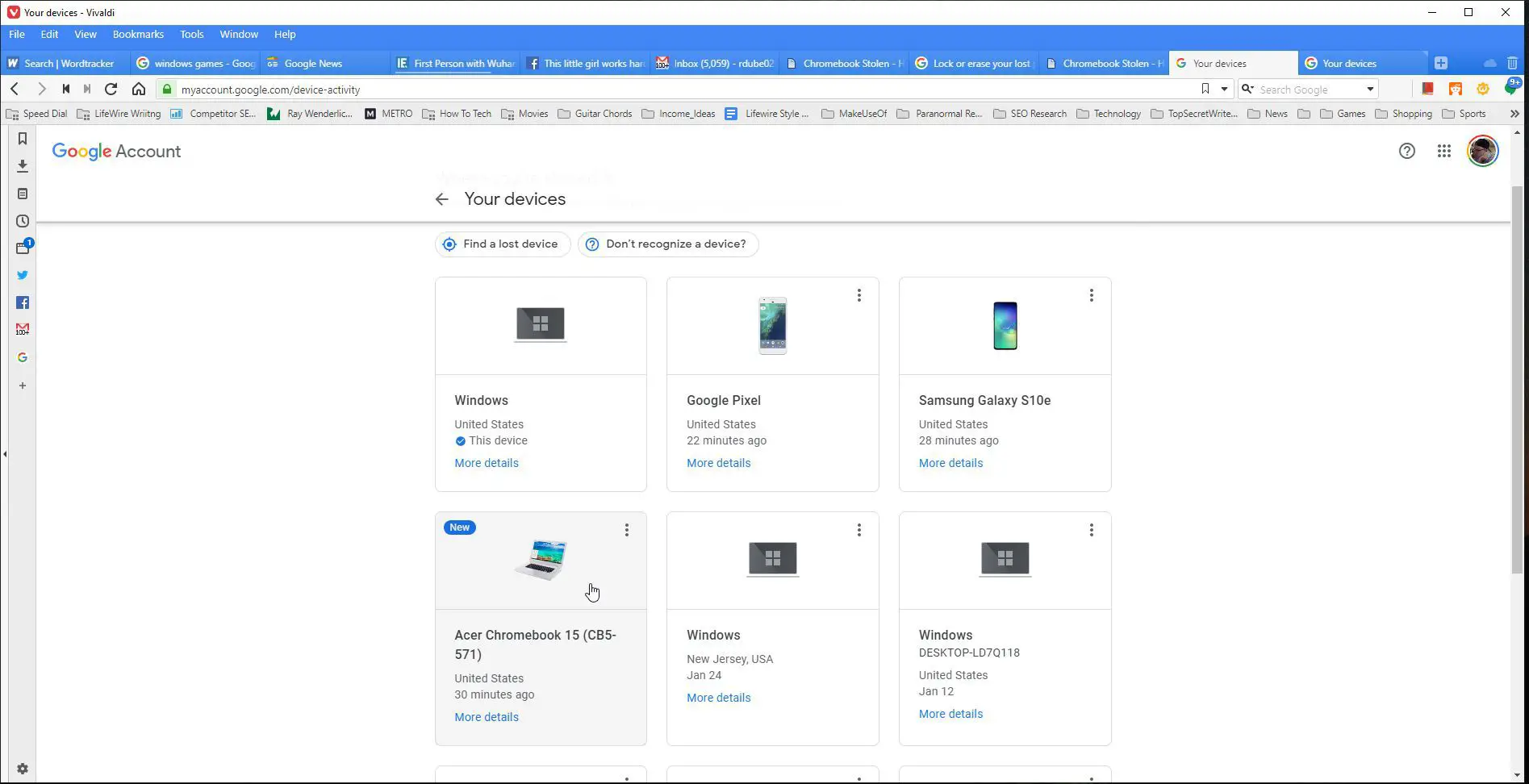 Captura de tela de um Chromebook listado em uma conta do Google