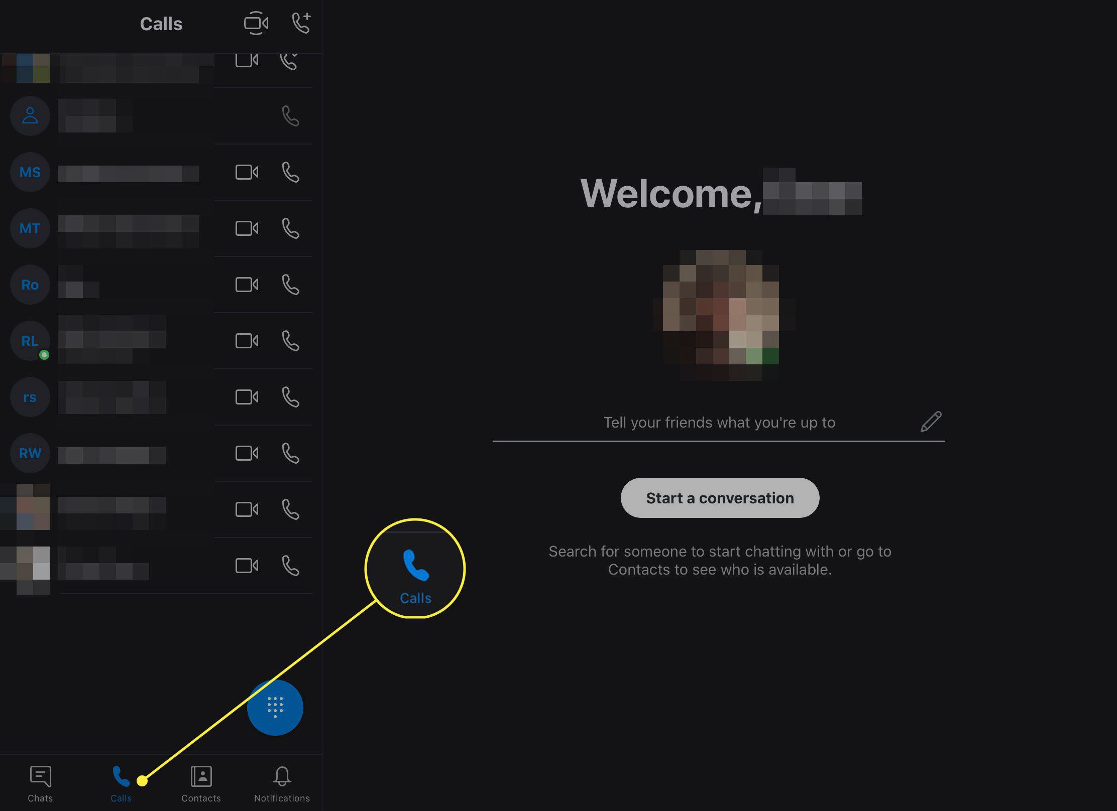 Uma captura de tela do aplicativo Skype com o botão Chamadas destacado