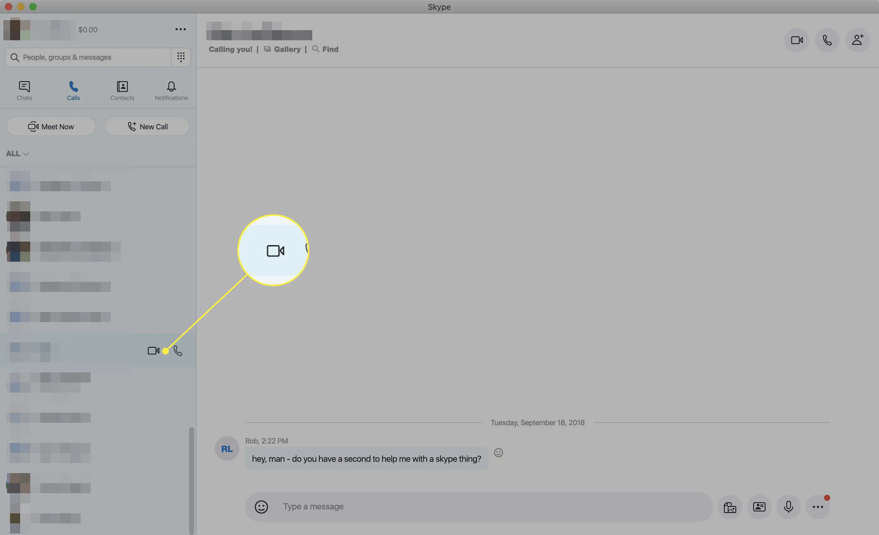 Uma captura de tela do Skype com o botão de videochamada destacado
