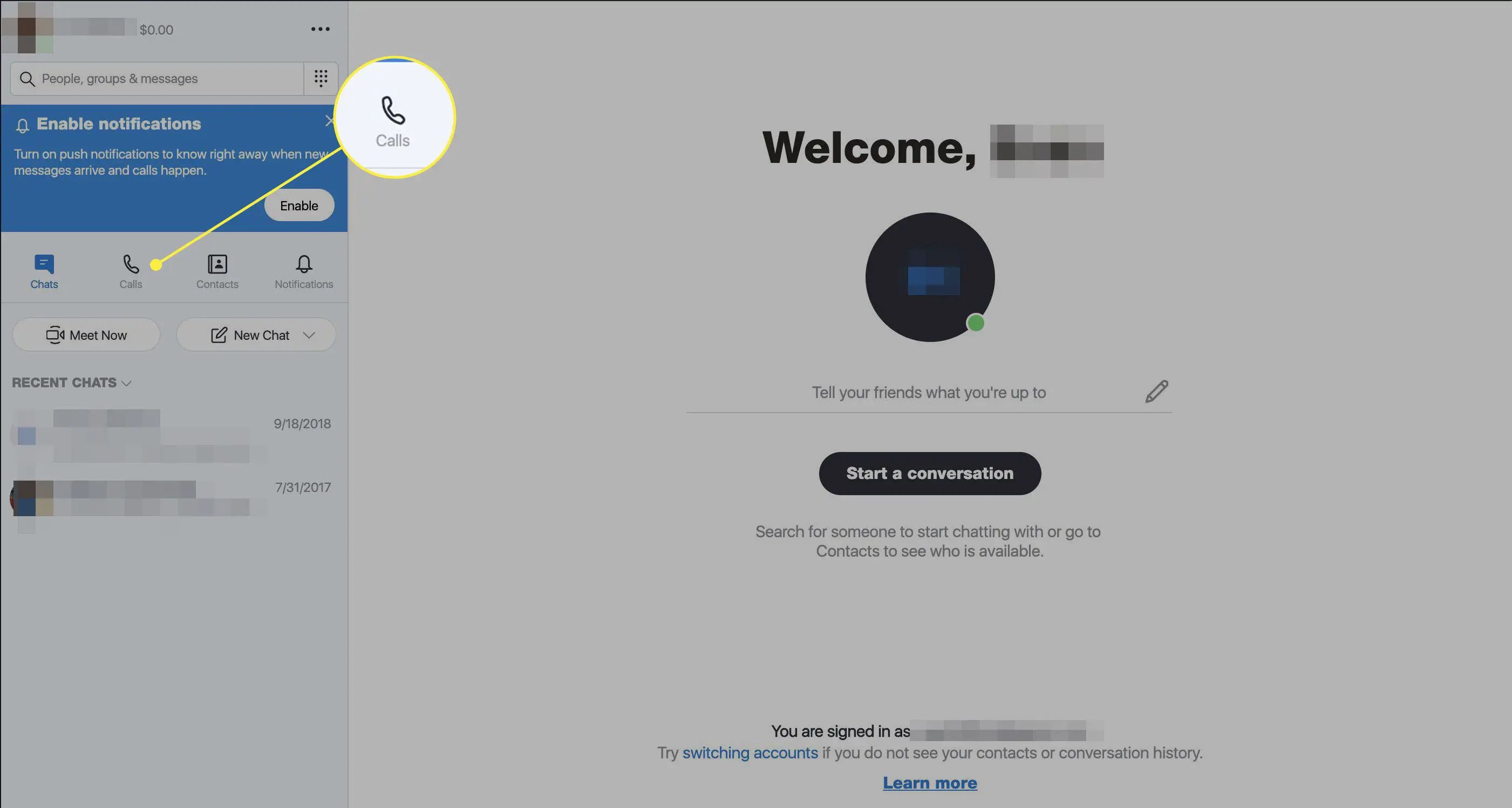 Uma captura de tela do Skype online com o botão Chamadas destacado