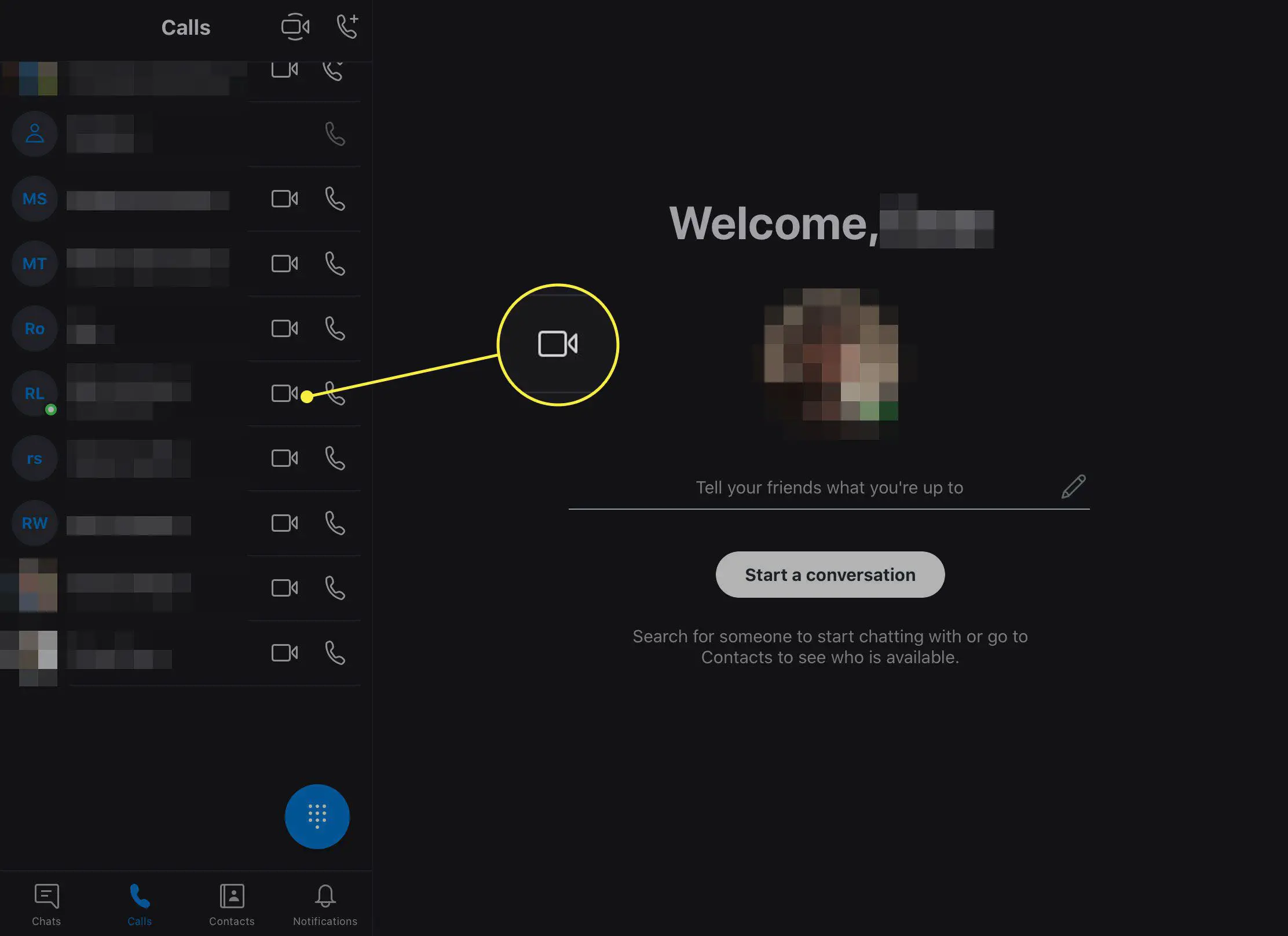 Uma captura de tela do aplicativo Skype com o botão de videochamada destacado