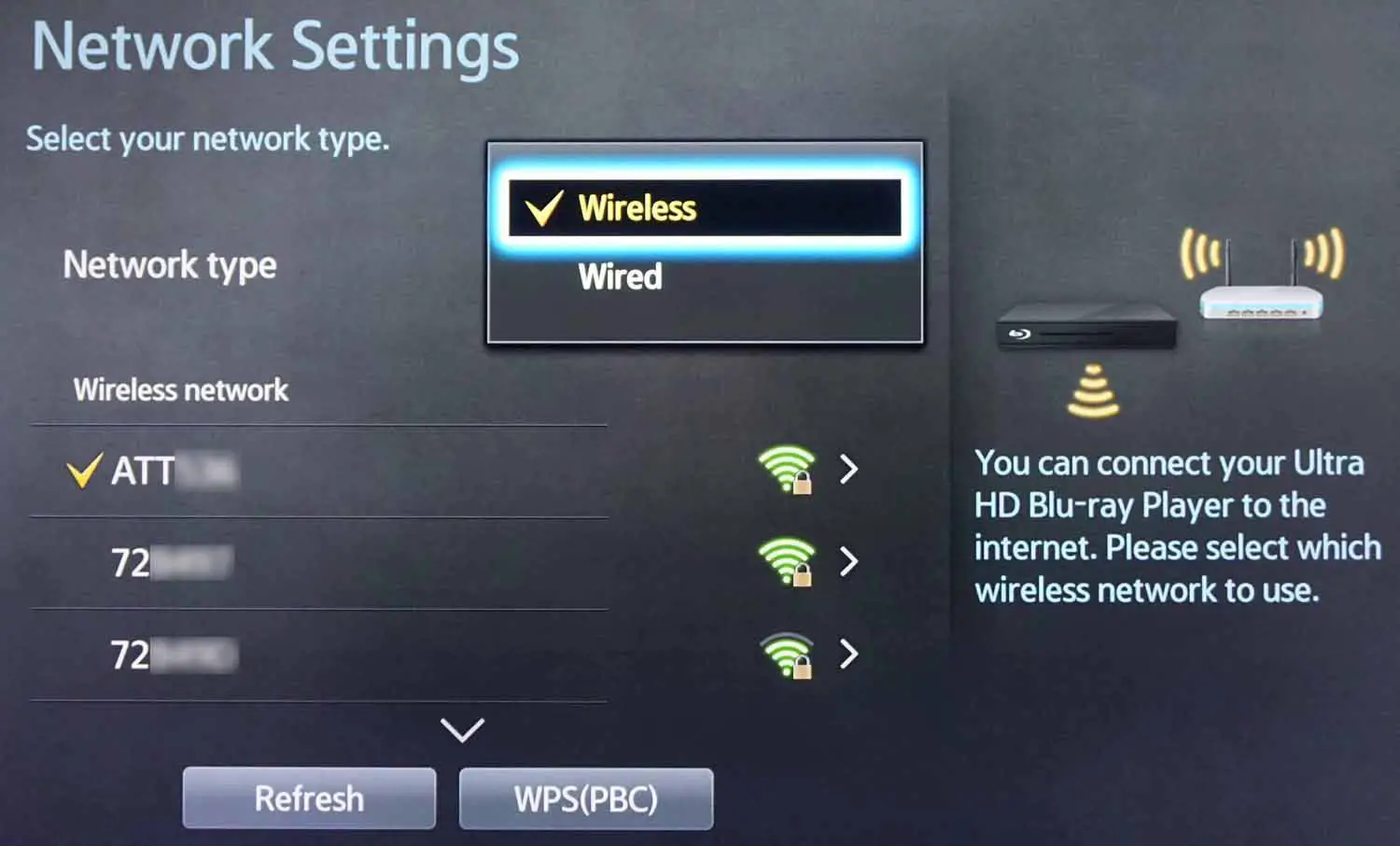 Escolha Wireless ao conectar um Blu-ray player ao Wi-Fi