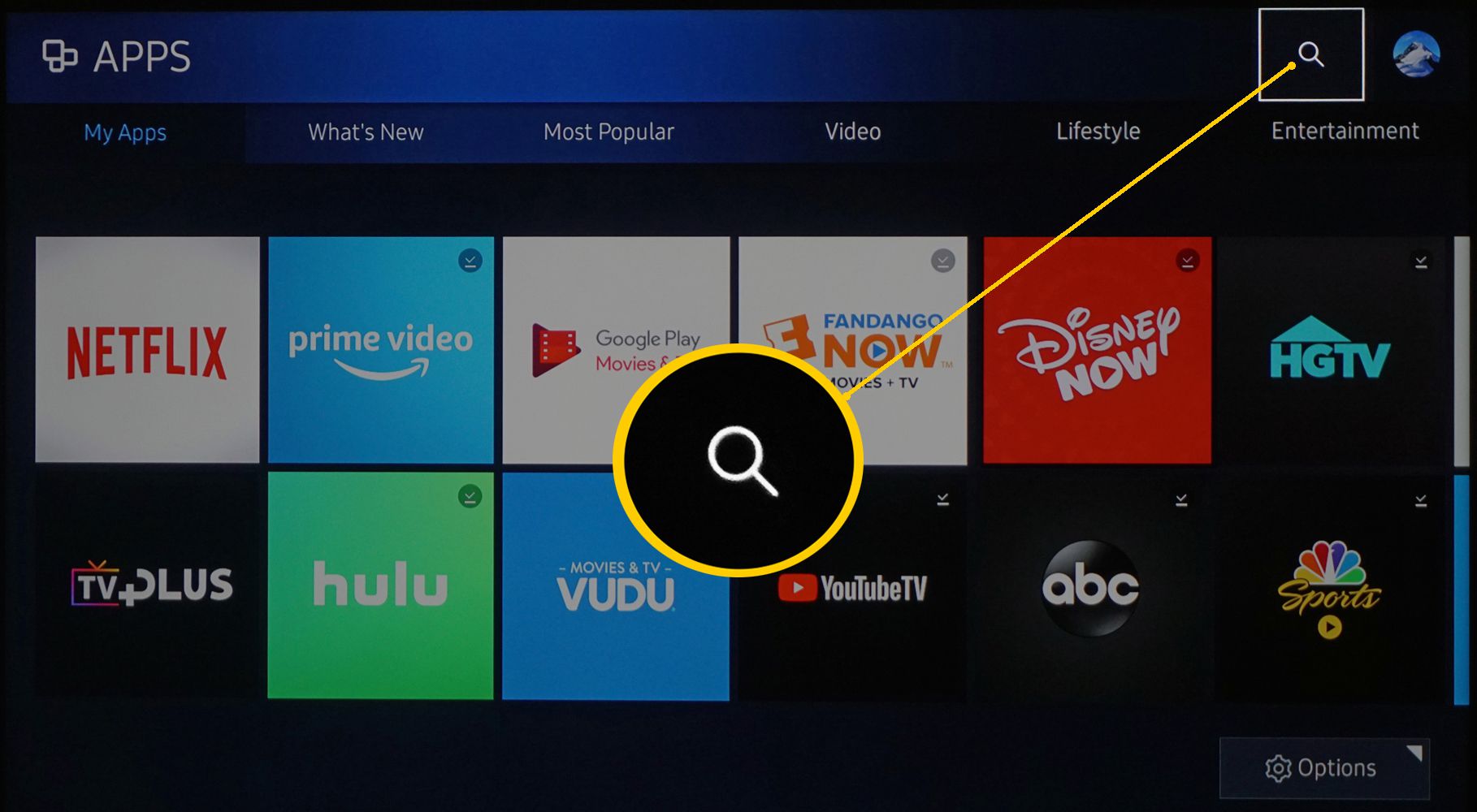 Ícone de pesquisa do aplicativo Samsung Smart TV