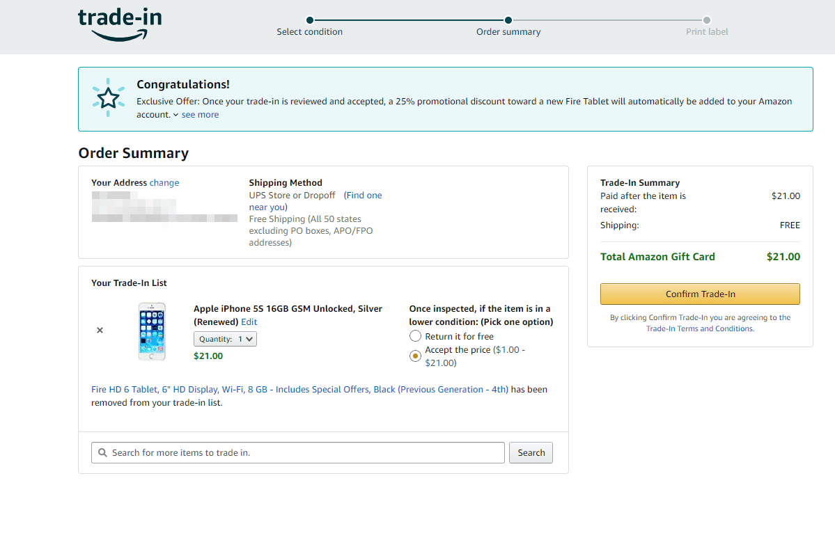 Página de confirmação do programa de troca da Amazon.com