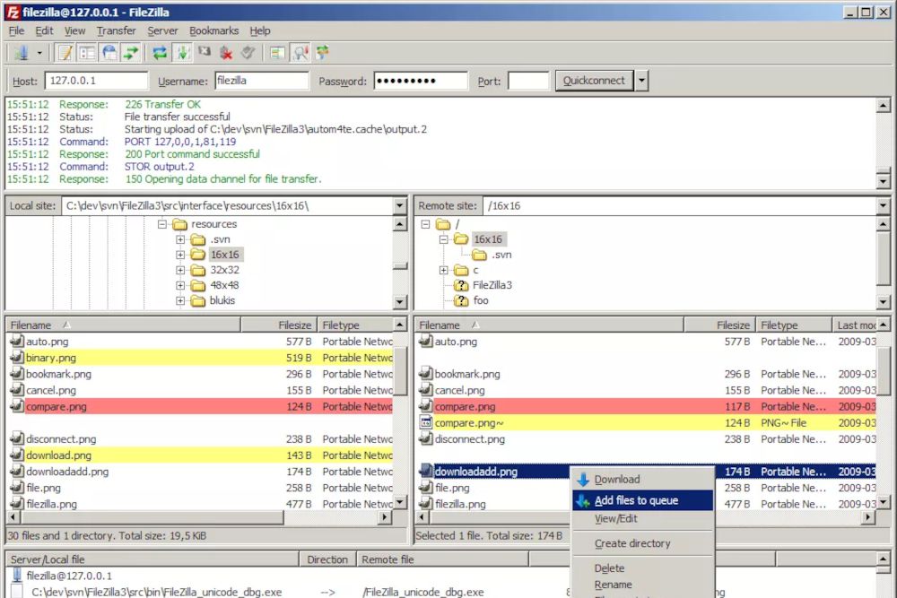 Uma imagem da interface principal do software do servidor FTP Filezilla