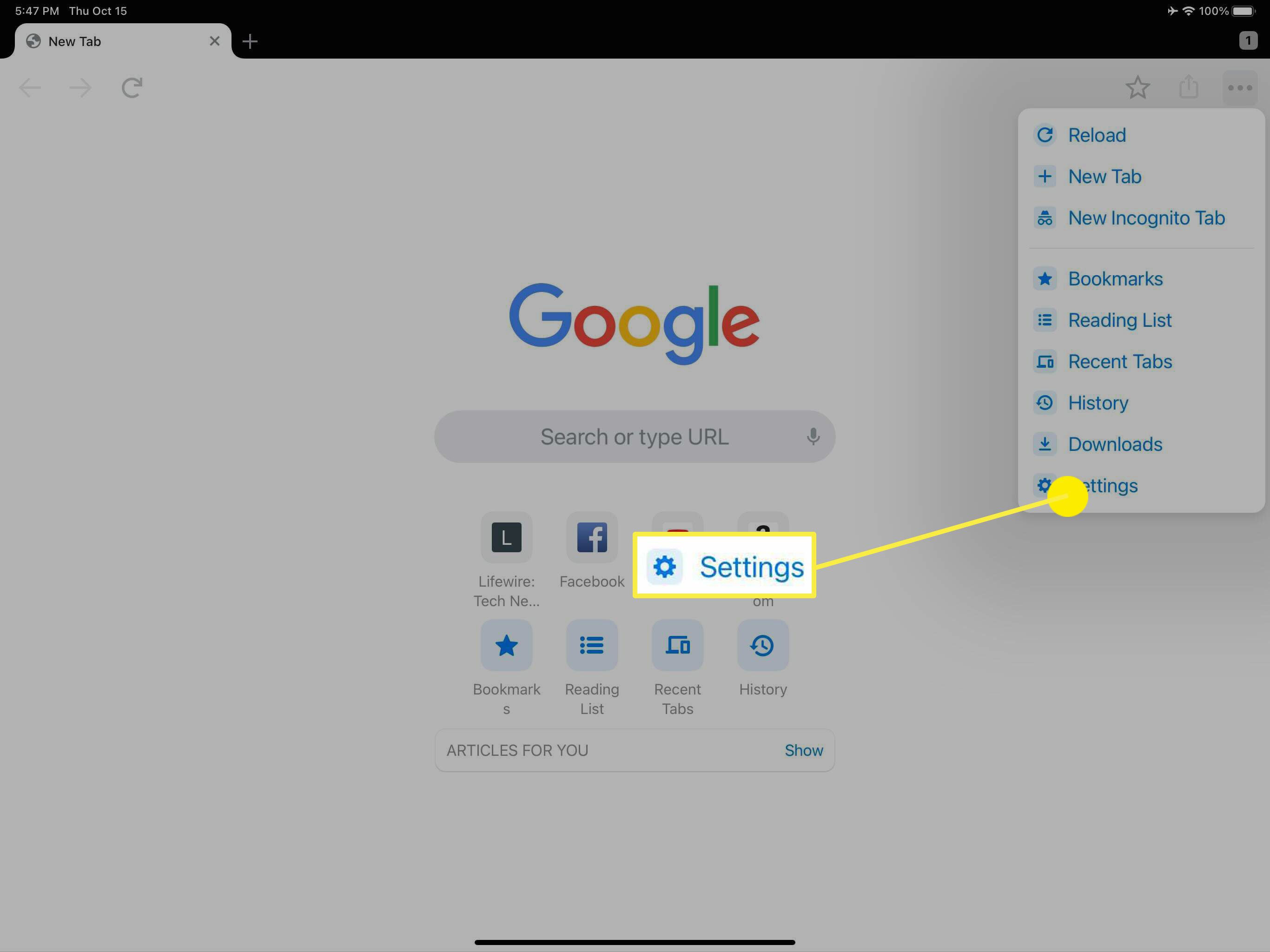 A opção Configurações no navegador Chrome.