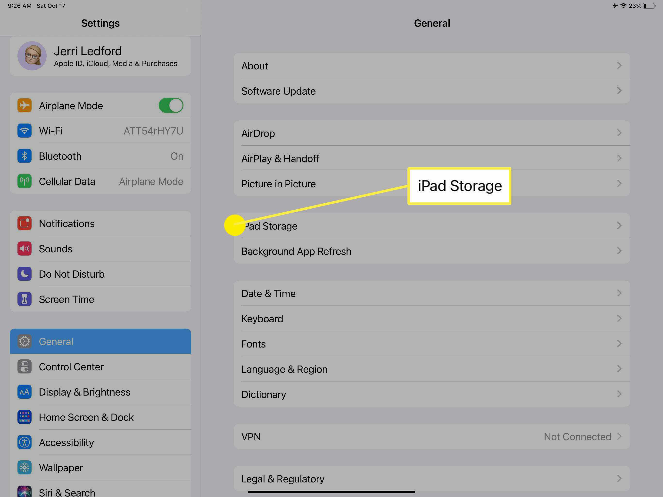 A opção de armazenamento do iPad na seção Geral do iPadOS 14