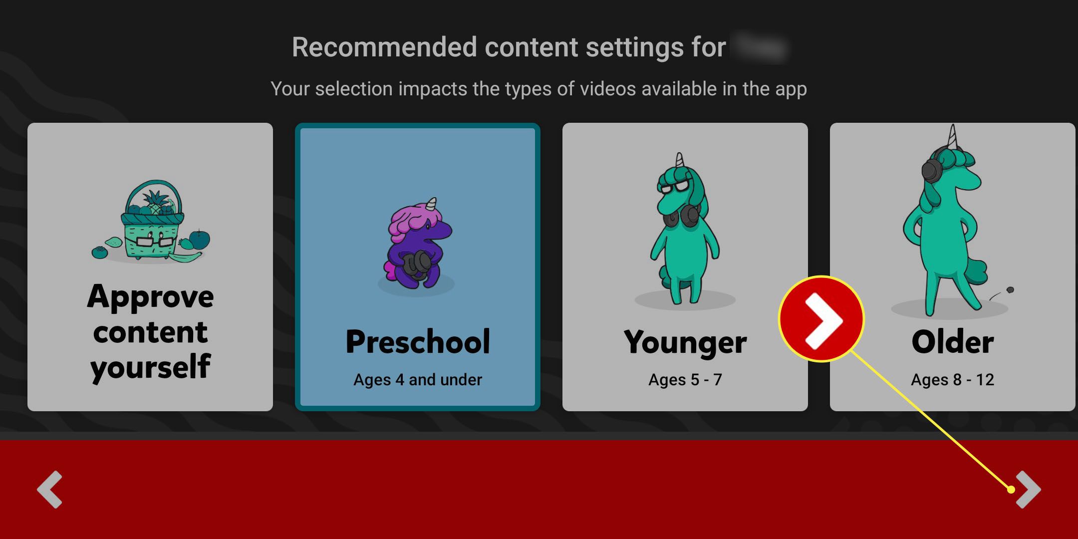 Tipos de conteúdo do YouTube Kids.
