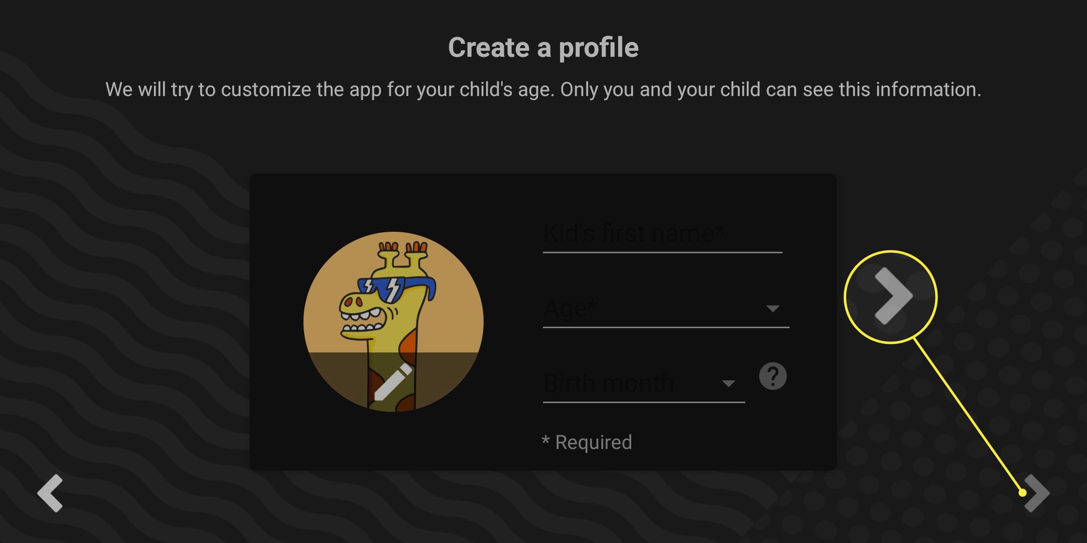 Tela de criação de perfil infantil do YouTube Kids.