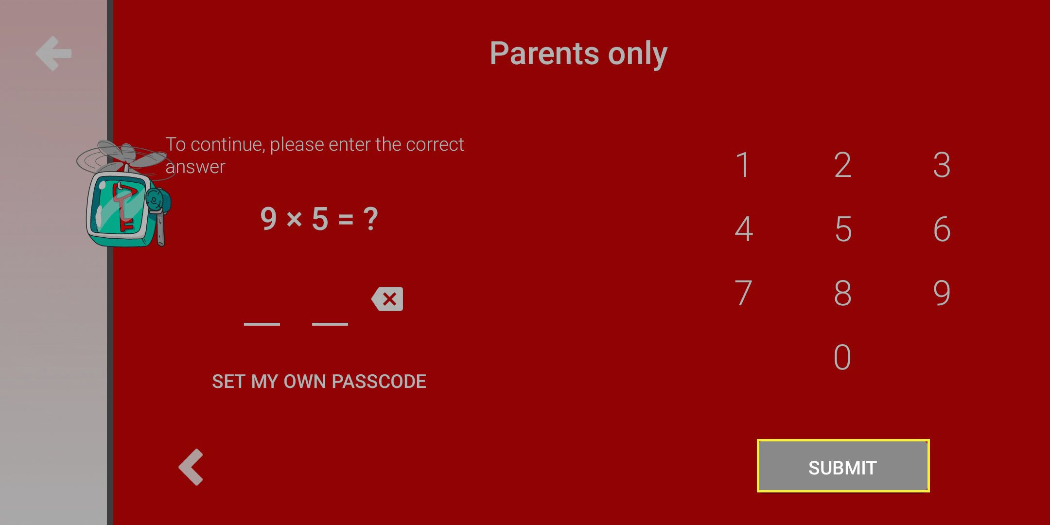 Acesso de controle dos pais ao YouTube Kids.