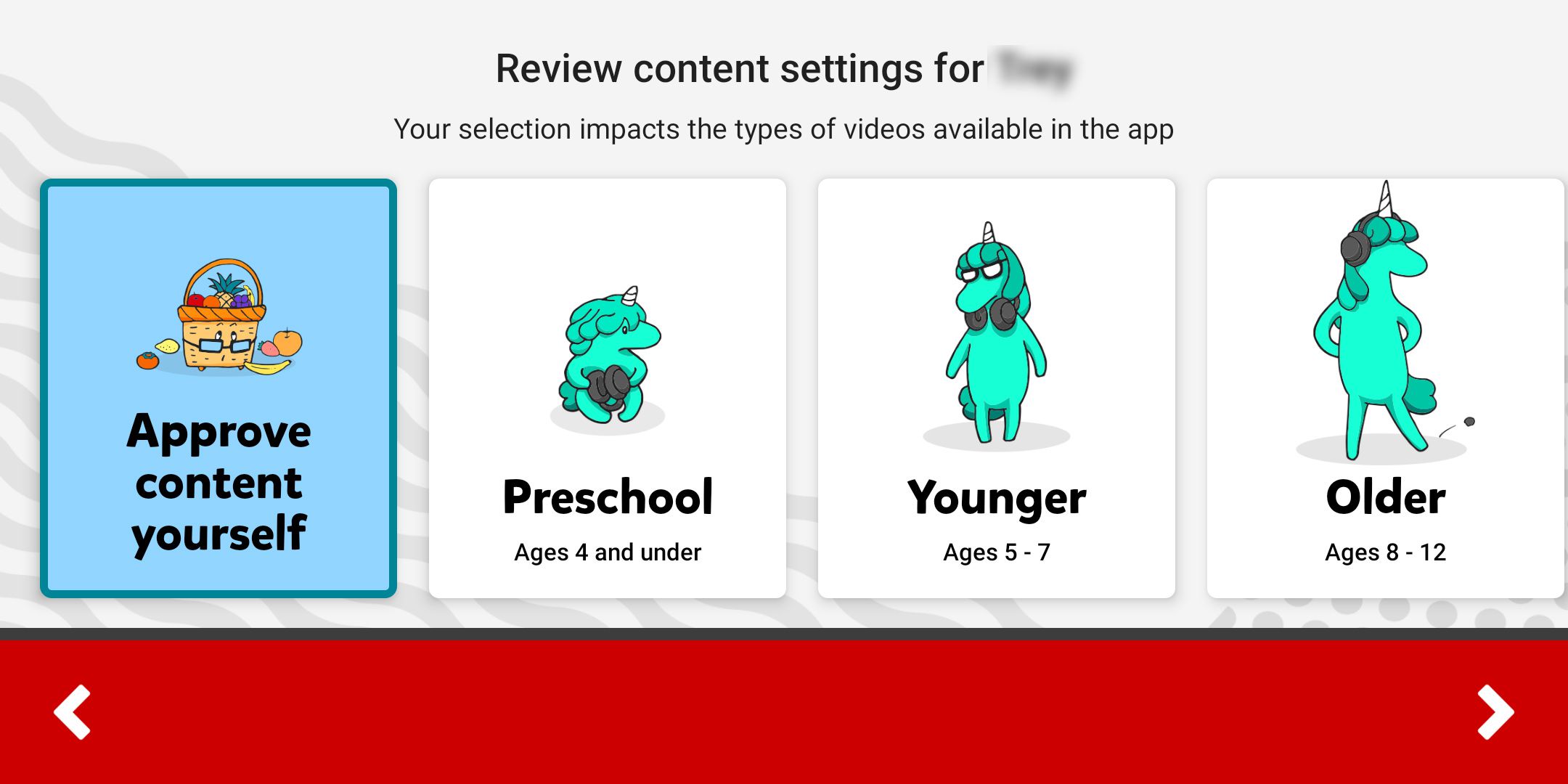 Uma captura de tela das configurações de conteúdo do YouTube Kids.