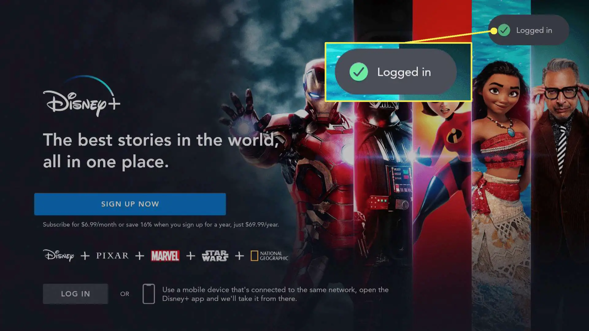 Disney Plus conectado no Fire TV com a mensagem de login destacada