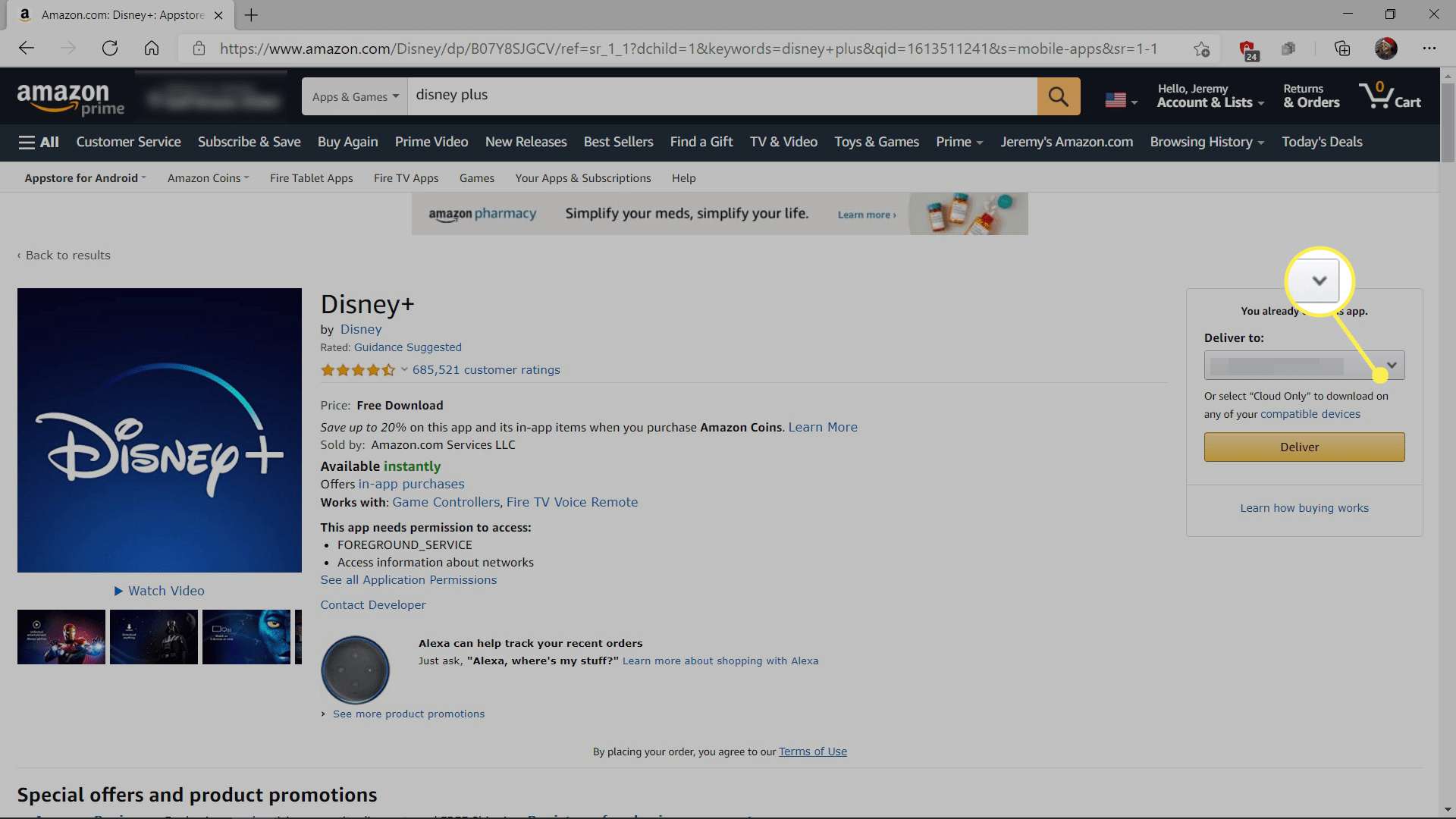 Disney Plus na Amazon com a lista suspensa Entregar para destacada