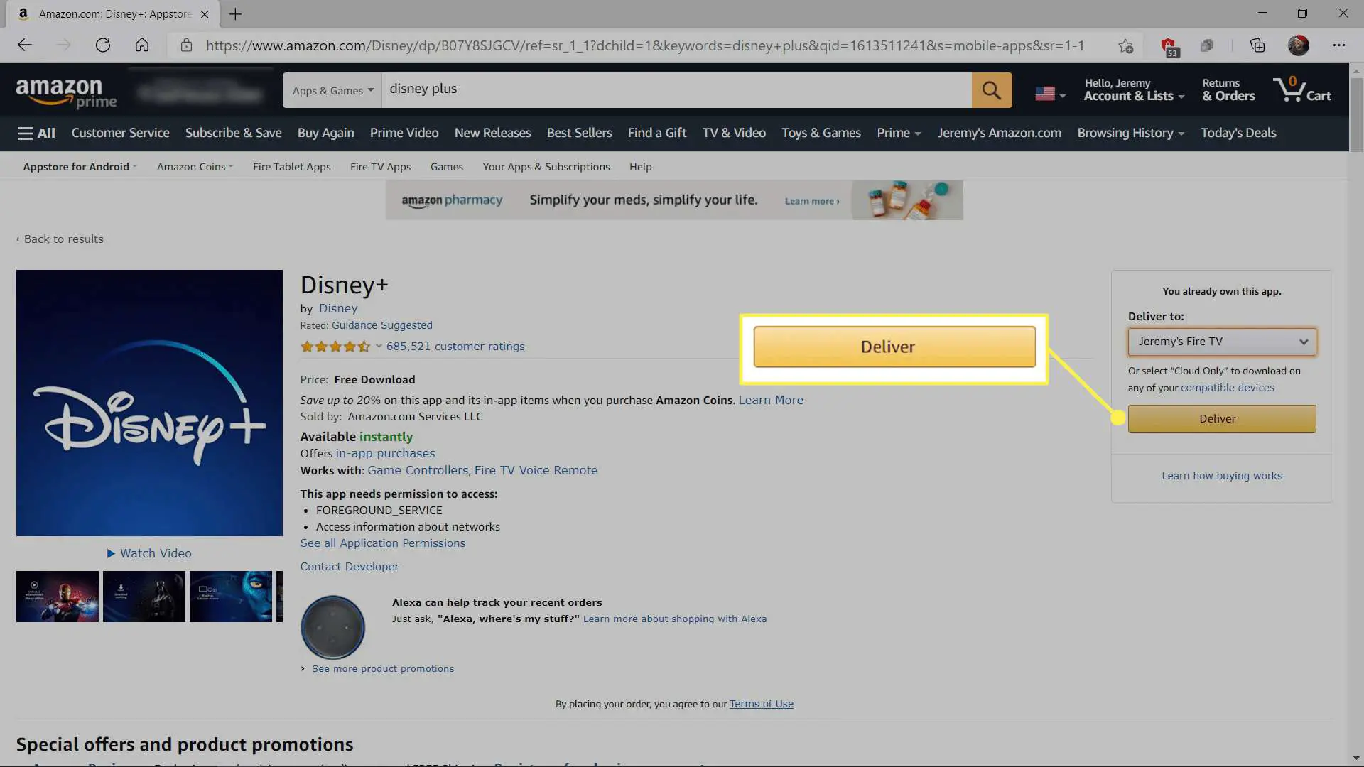 Obtendo Disney + da Amazon para Fire TV com Deliver em destaque