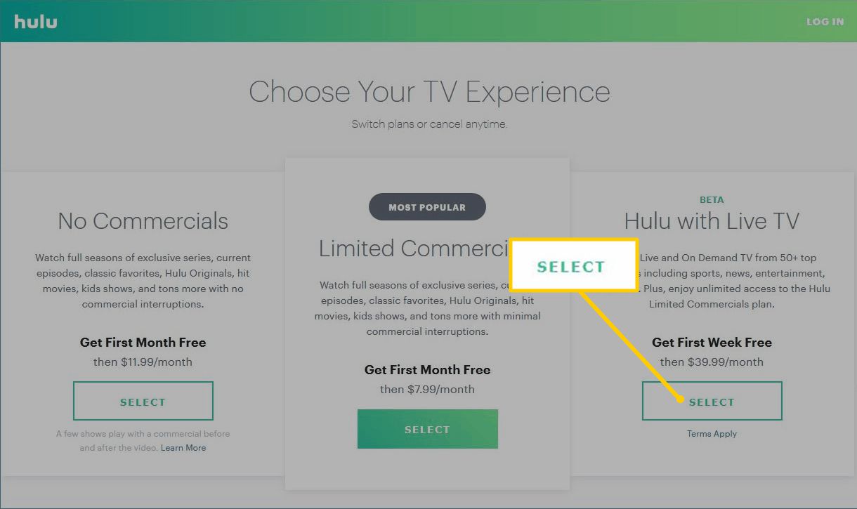 Botão de seleção para Hulu com TV ao vivo