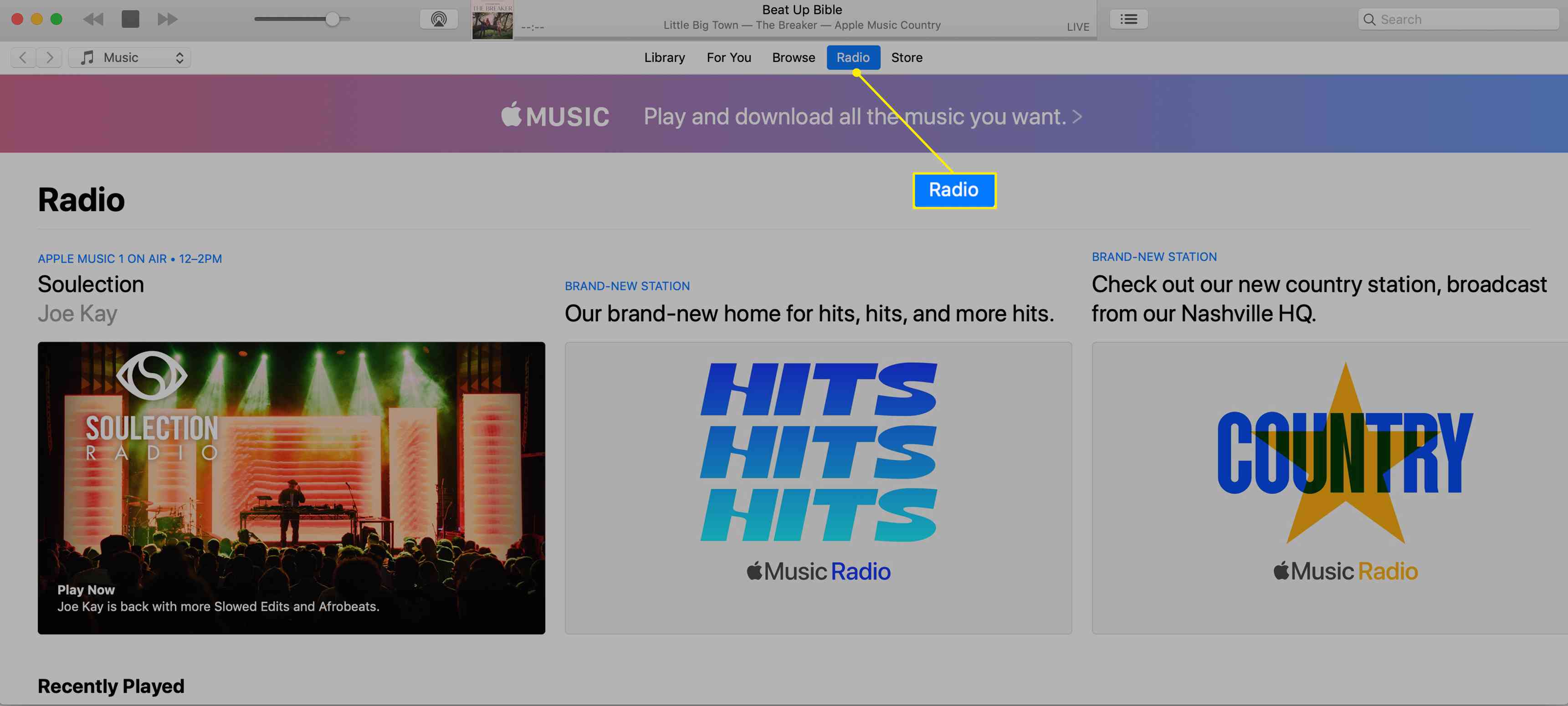Apple Music Radio no iTunes com Rádio em destaque