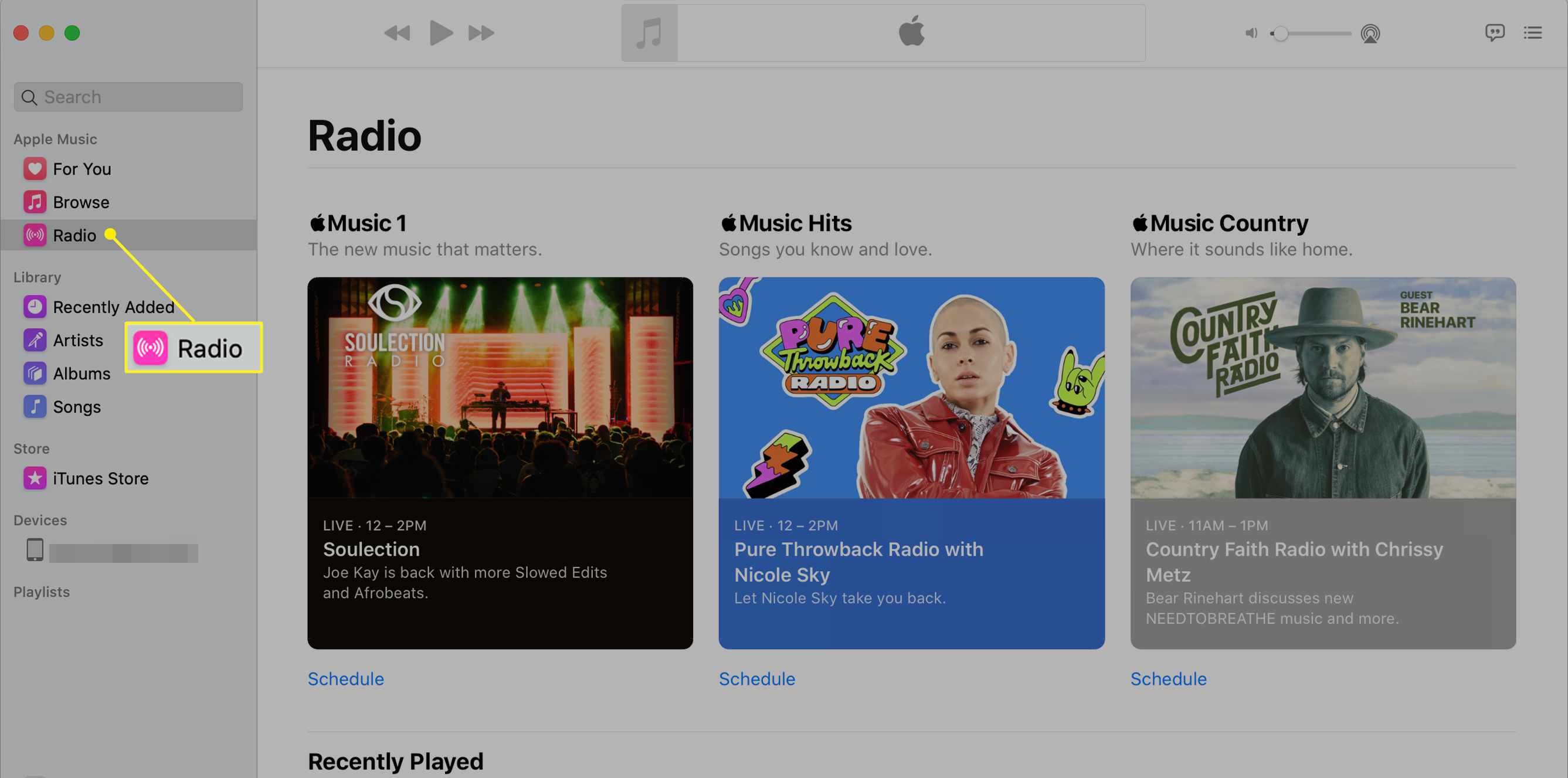 O aplicativo de música em um Mac com rádio em destaque