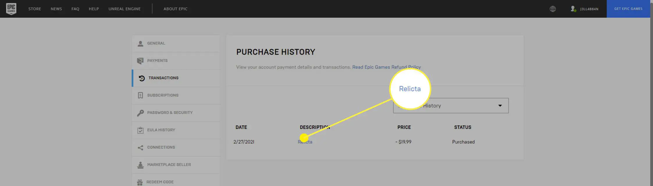 O histórico de compras na Epic Games Store.