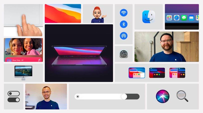 Imagem composta de produtos, configurações e ícones da Apple e funcionários da Apple ajudando as pessoas a usarem seus dispositivos.