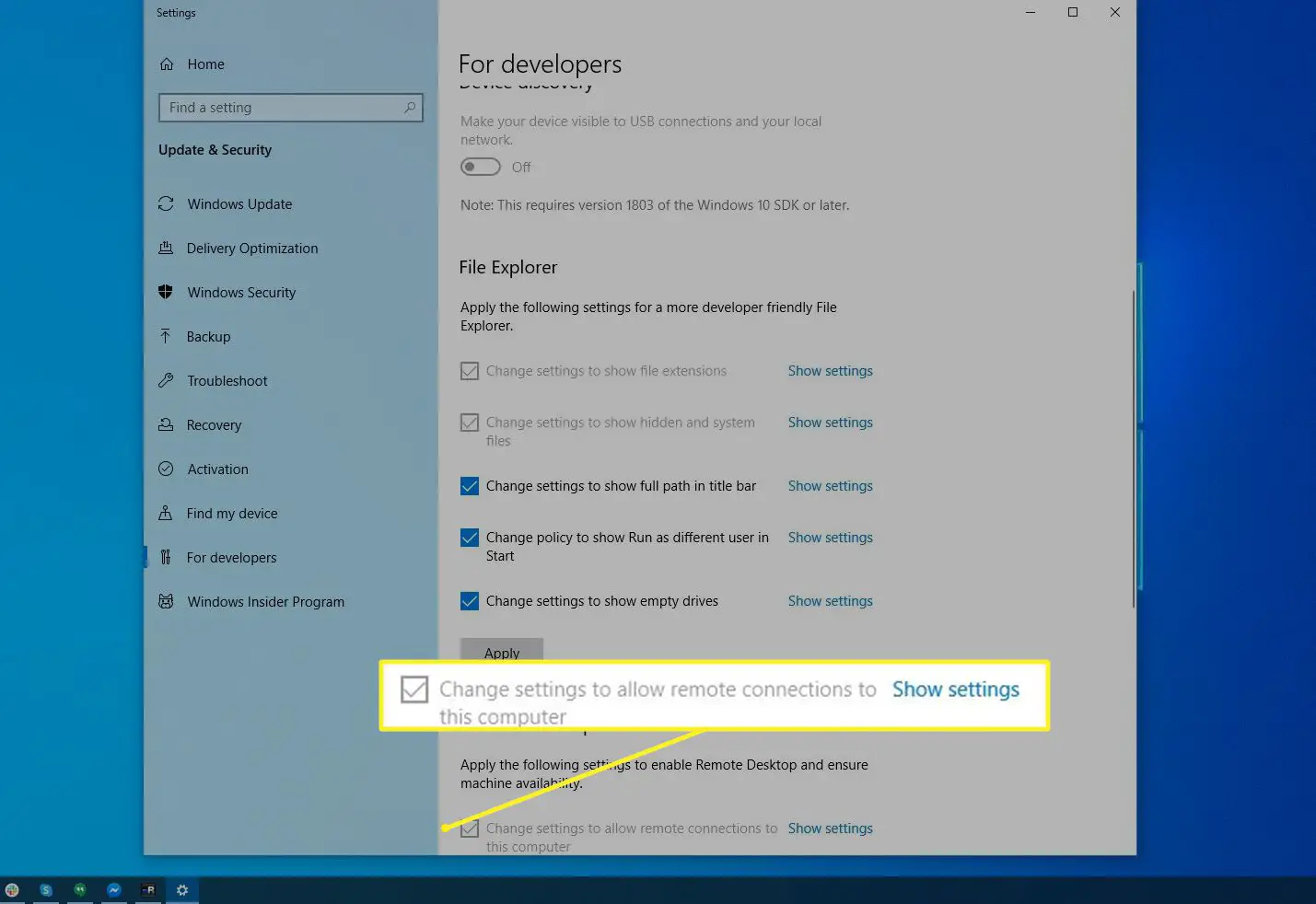 Atualização e configurações de segurança no Windows 10