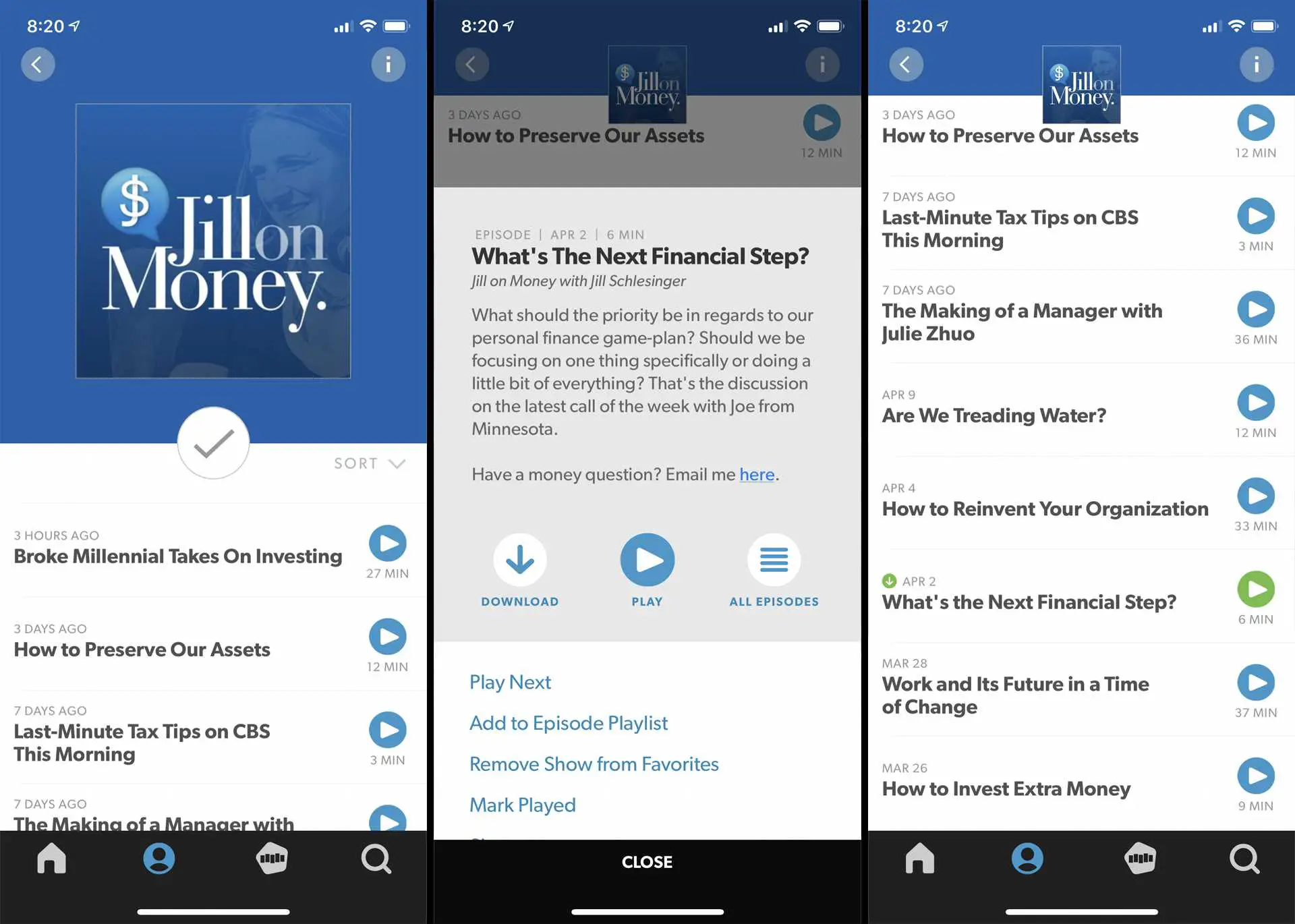 Captura de tela do aplicativo Stitcher para iPhone mostrando o download de um episódio do podcast Jill on Money.